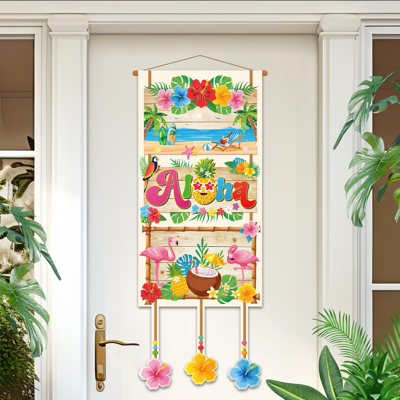 DPKOW Hawaiian Party Decorations Aloha Banner Door Wall Summer Party Decoration Aloha Hawaiian Hanging Door Sign with a Pole, Fabric Hawaii Banner Summer Decorations Hanging Wall Sign Decor, 86x33cm