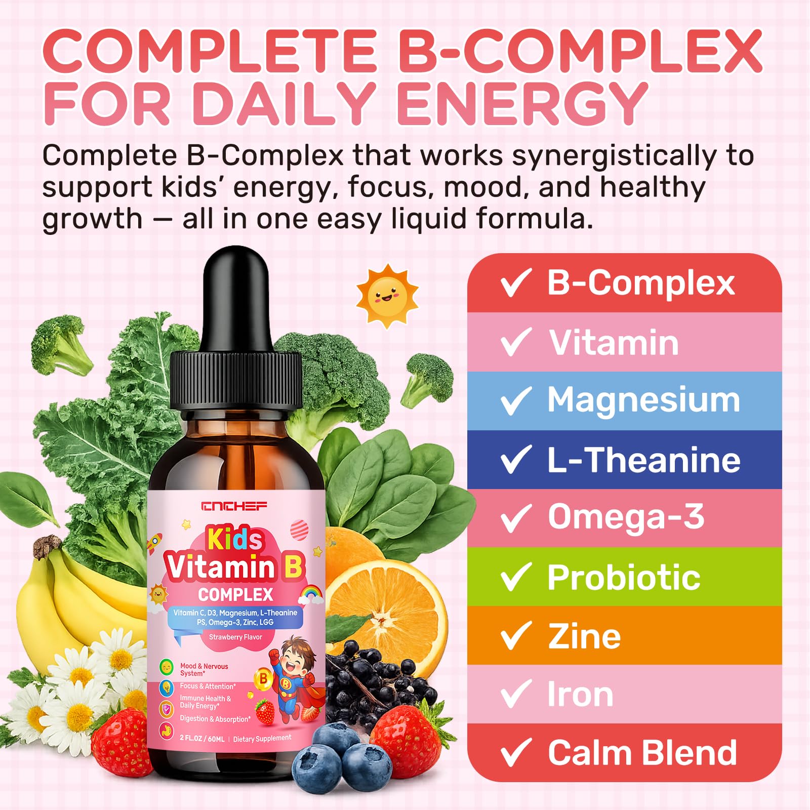 Vitamin B Complex for Kids, B1, B2, B3, B6, B9(Folate), B12, Omega-3 & Magnesium, Kids B Complex Liquid Supplement for Brain, Energy, Focus, Metabolism, Gut & Immune Support,Strawberry Flavor,2 fl oz — Amazon image 5