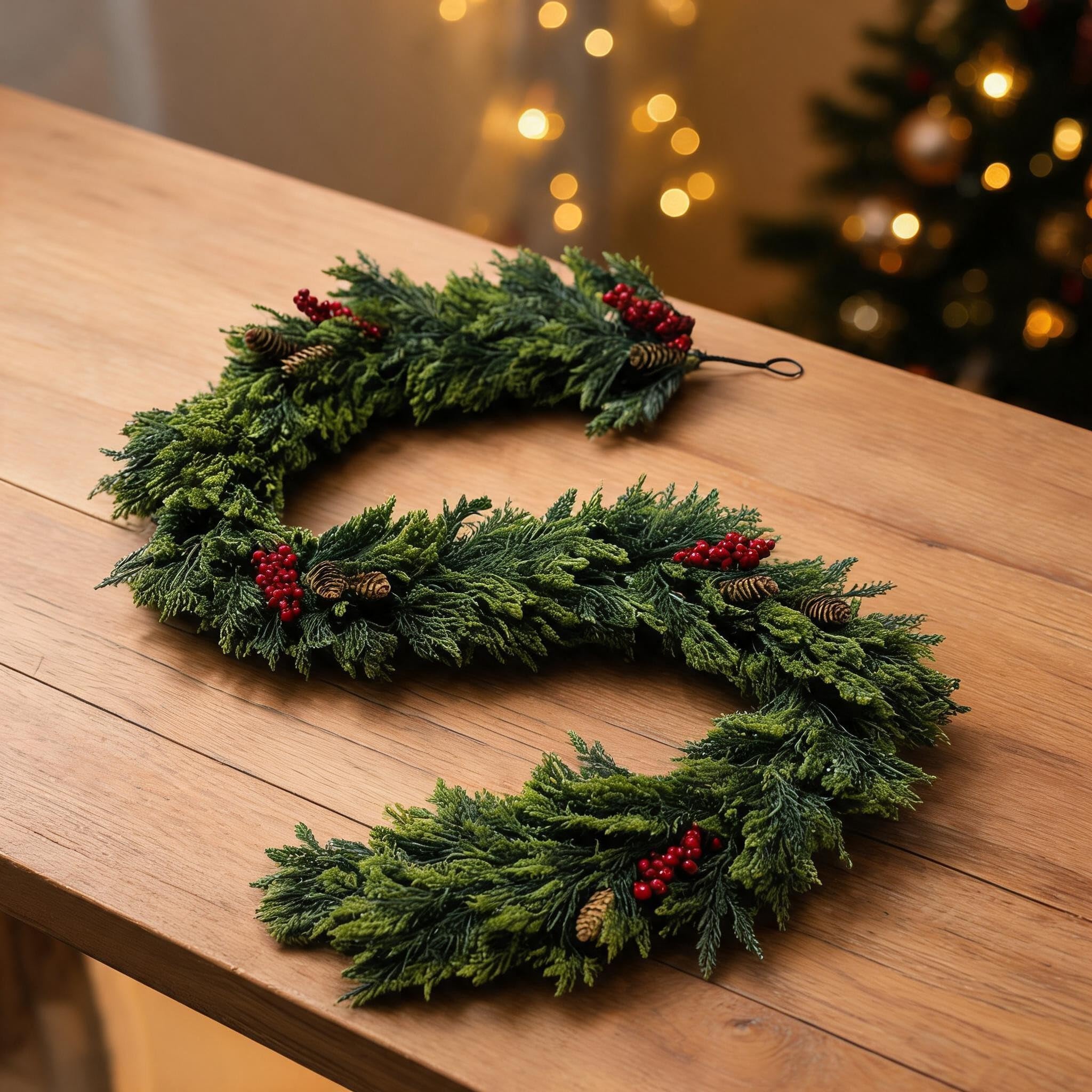 Künstliche Tannenzweige mit roten Beeren 270cm realistische Weihnachtsdekoration für Treppen Geländer und Kamin DIY Girlande(270cm)