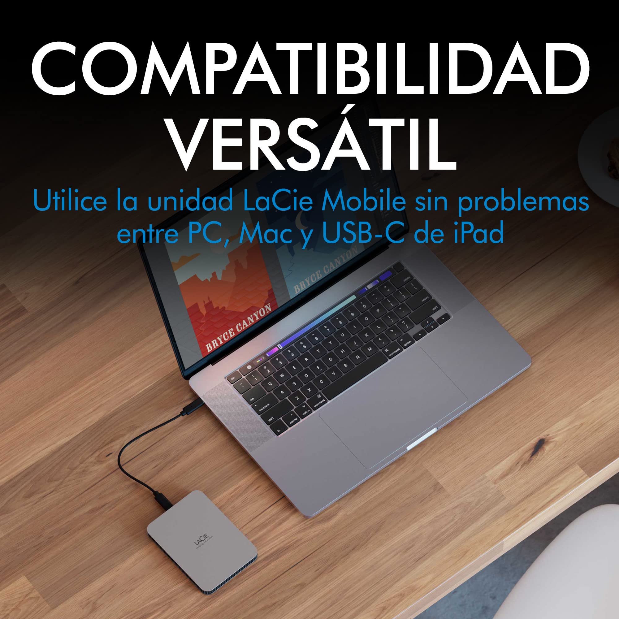 LaCie Mobile Drive V2 1TB — diseño fino, USB‑C Disco duro externo portátil 2,5", Moon Silver, para Mac y Windows — incluye Rescue Data Recovery