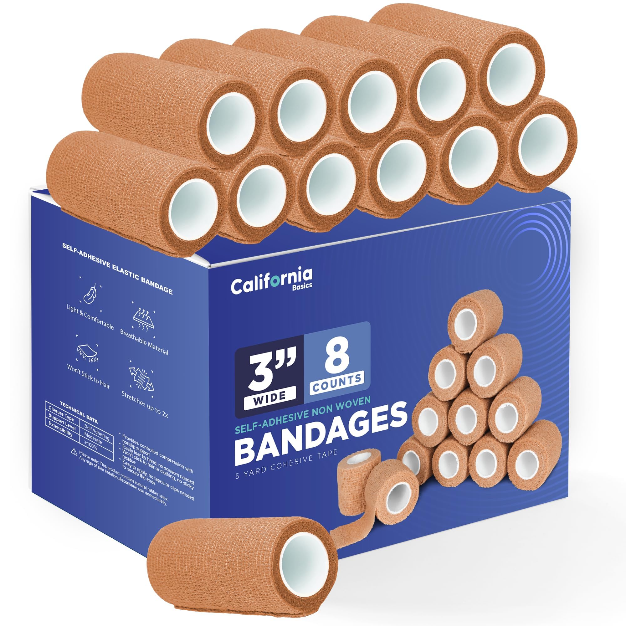California Basics - 8 Pack - Self Adhesive Bandage Wraps - 3 Inch by 5 Yards Non Woven