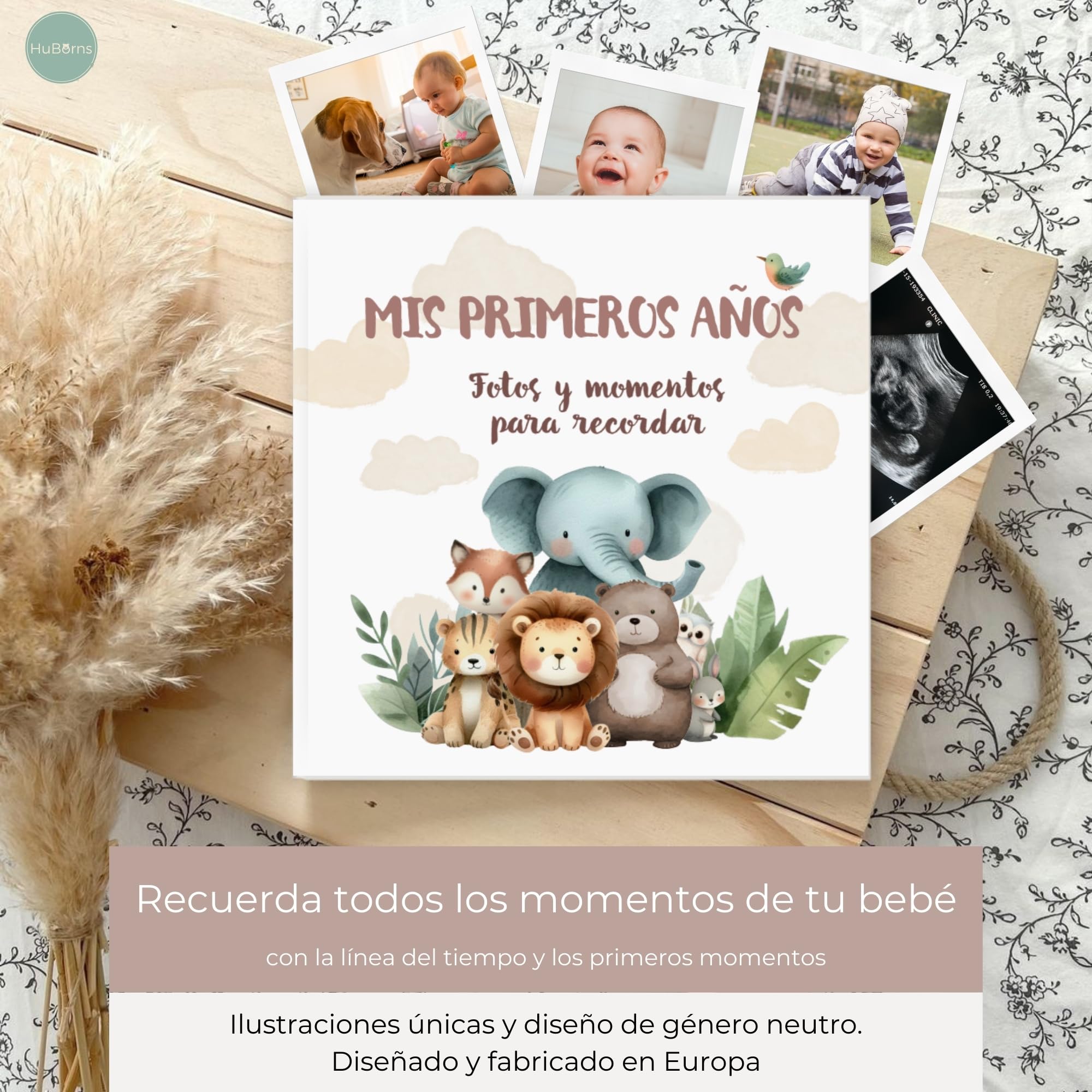HUBORNS – Libro de nacimiento y recuerdos del bebé hasta los 5 años, álbum de fotos y diario infantil, regalo original para recién nacidos, baby shower y padres primerizos (Amigos, Español) - 4