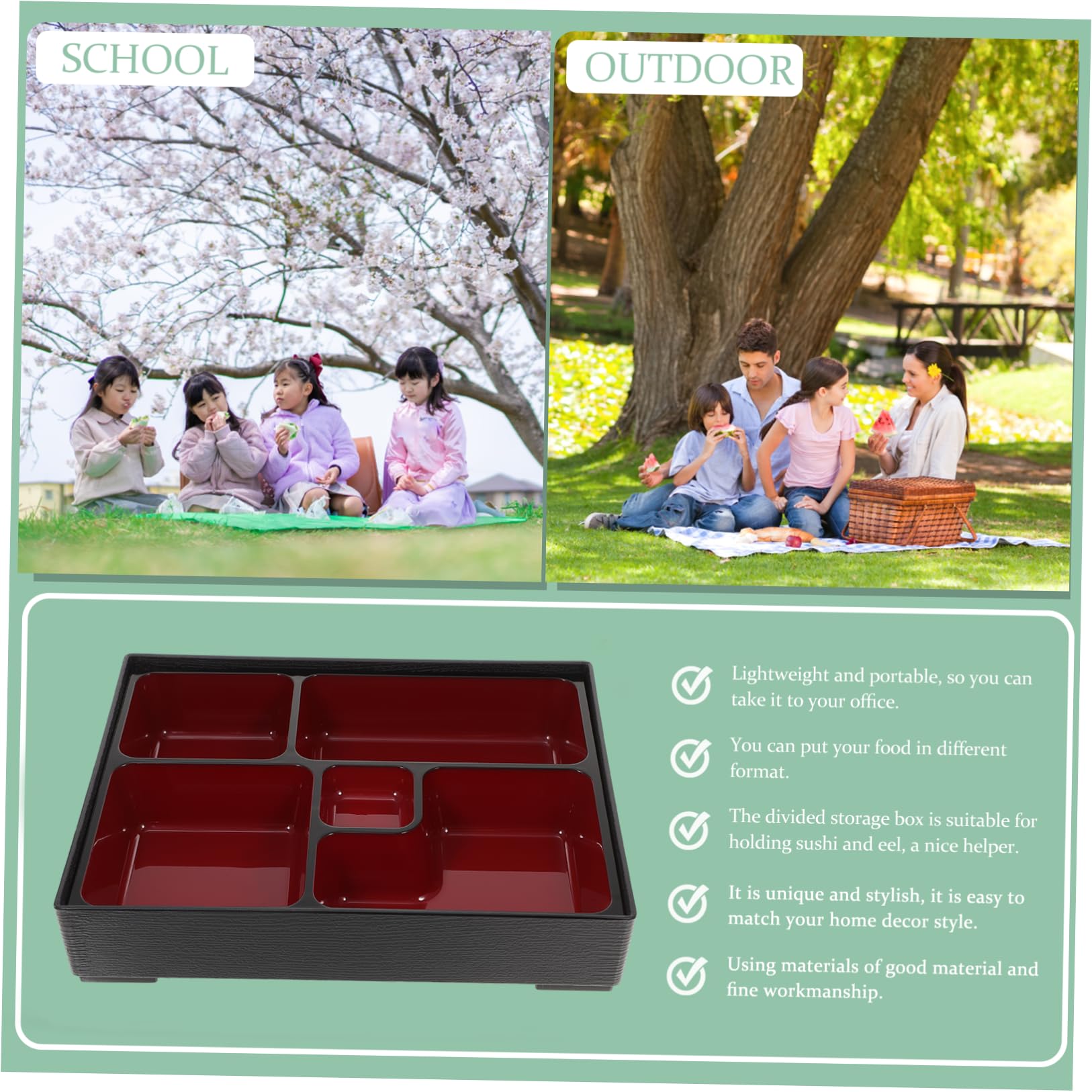PRETYZOOM Boîte Bento Japonaise Noire 27x21cm en Abs, Compartiments | Présent Rentrée, Boîte à Sushi et Emballage de Plateau à Sushi, Léger et Portable pour École ou Camping