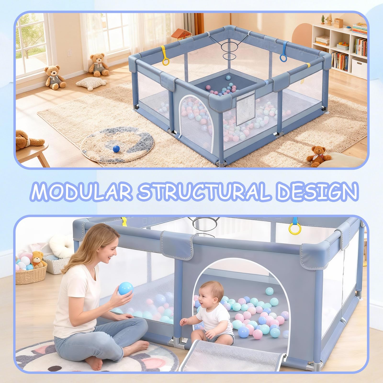 Verdego Parc Bebe 150x180x66cm, Parc Enfant avec 50 Boules de Fosse, 4 Anneaux de Traction, Mini Vannerie, Tissu 210D Oxford et Acier Inoxydable, Espace de Jeu Sécurisé pour Enfants (gris clair)
