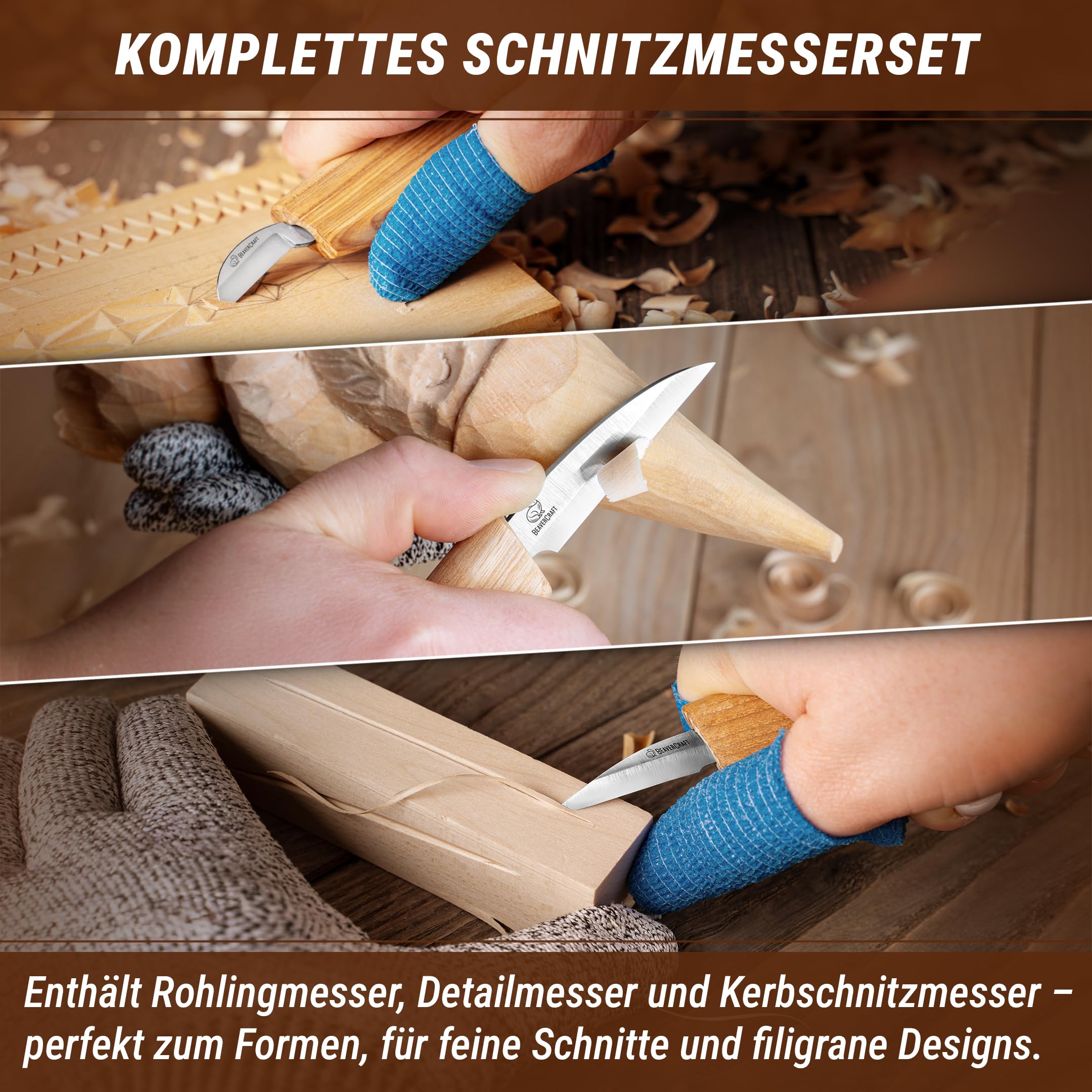 BeaverCraft Holzschnitzmesser-Set S15, Schnitzset für Anfänger, Kinder – Holzschnitzwerkzeug-Set mit detailliertem Spanmesser, Sloyd-Schnitzmessern und Lederstreichriemen, Poliermittel und Tutorials