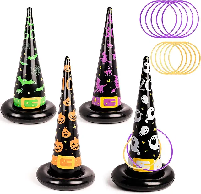 Halloween Ring Toss Game with Inflatable Witch Hats - 4pcs Set with 10 Rings for Indoor/Outdoor Fun