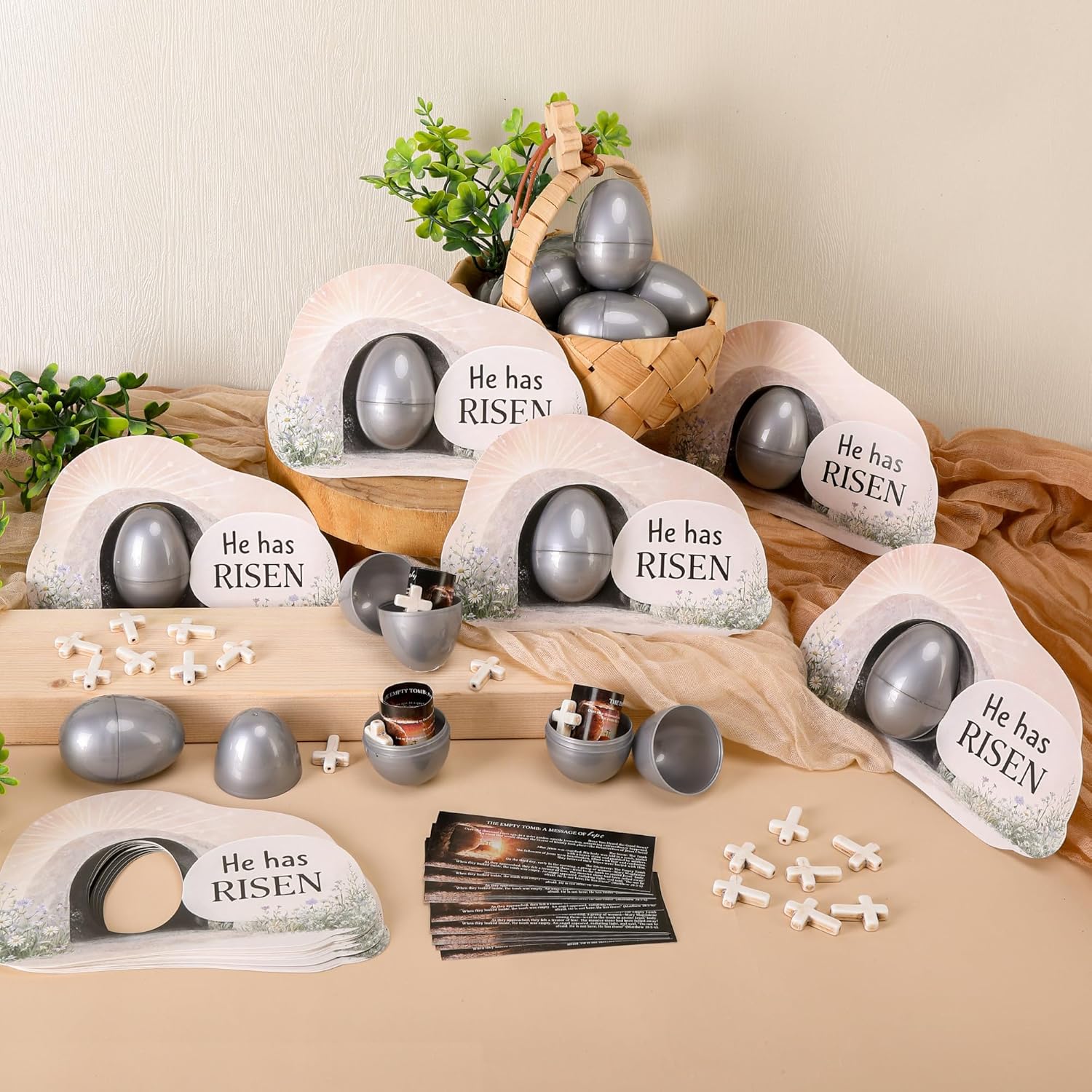 Sfcddtlg 60 Pcs Easter Empty Tomb Eggs, 15 Set Resurrection Eggs Tomb Card with Cross, Fillable Religious Easter Egg Set for Home Party Favor Gift