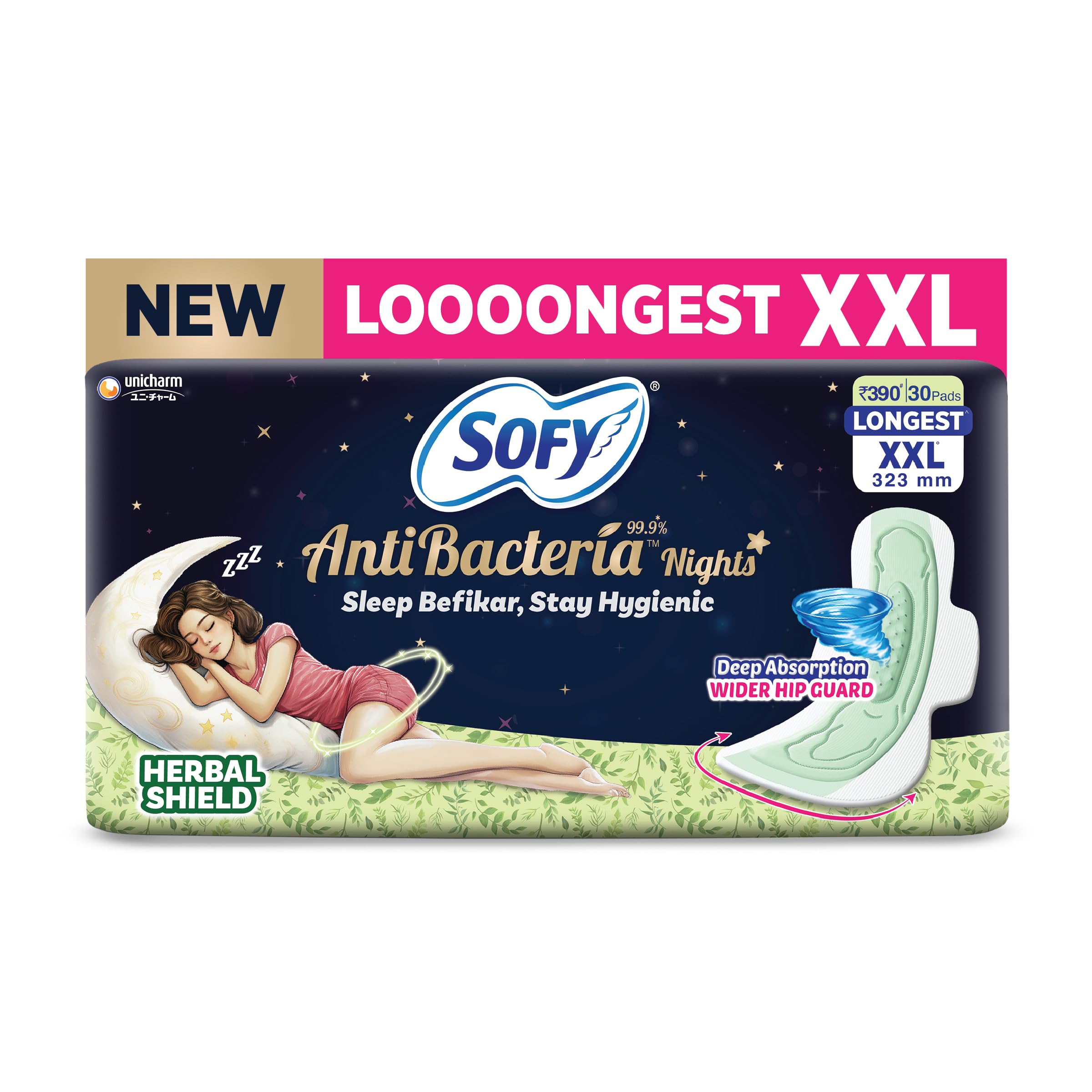 Sofy Women Anti Bacteria Longest XXL Sanitary Pads |Night Protection|Wider Hip Guard| Deep Absorption | Herbal Shield | Hygiene & Herbs | XX-Large, Pack Of 30