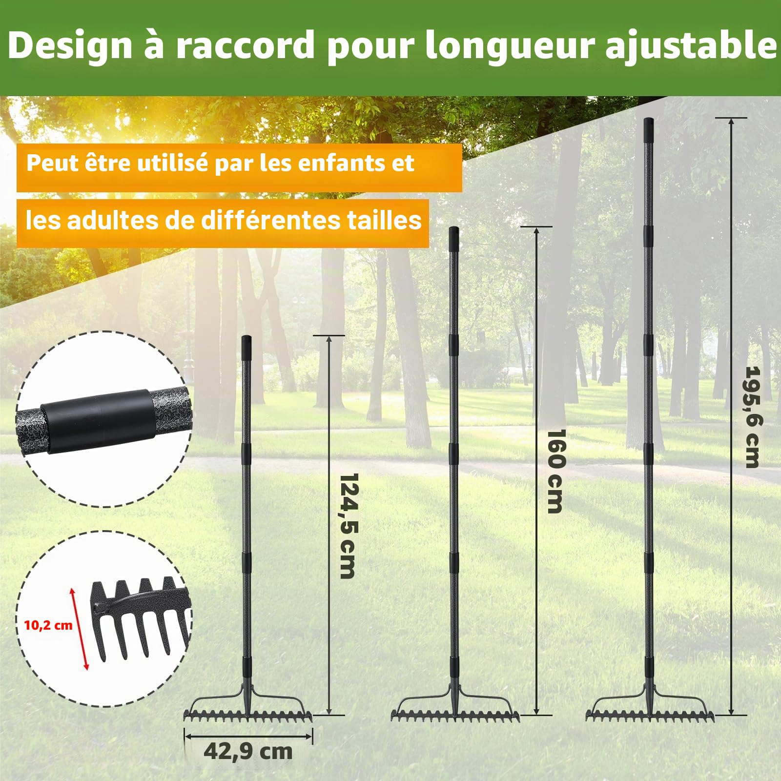Râteau à arc de 152 cm, râteau de jardin à tête large à 17 dents, râteau réglable robuste pour terre, feuilles et gravier, gris