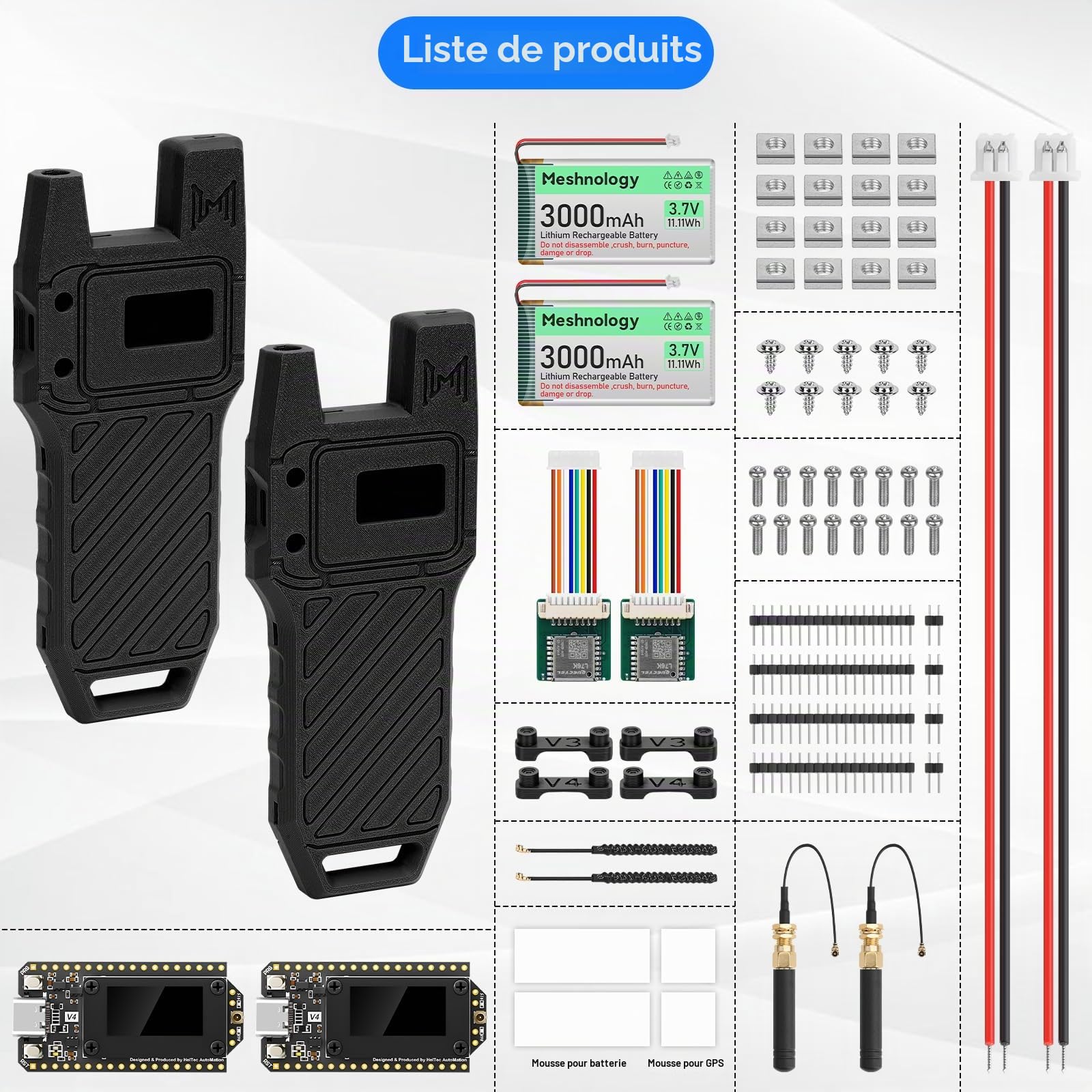 Lot de 2 cartes de développement ESP32 LoRa V4 + version GPS + batterie 3000 mAh + étui de transport ESP32-S3R2 SX1262 avec antenne 915 MHz WiFi Bluetooth 0,96" OLED LoRa V4 pour appareils Ar duino