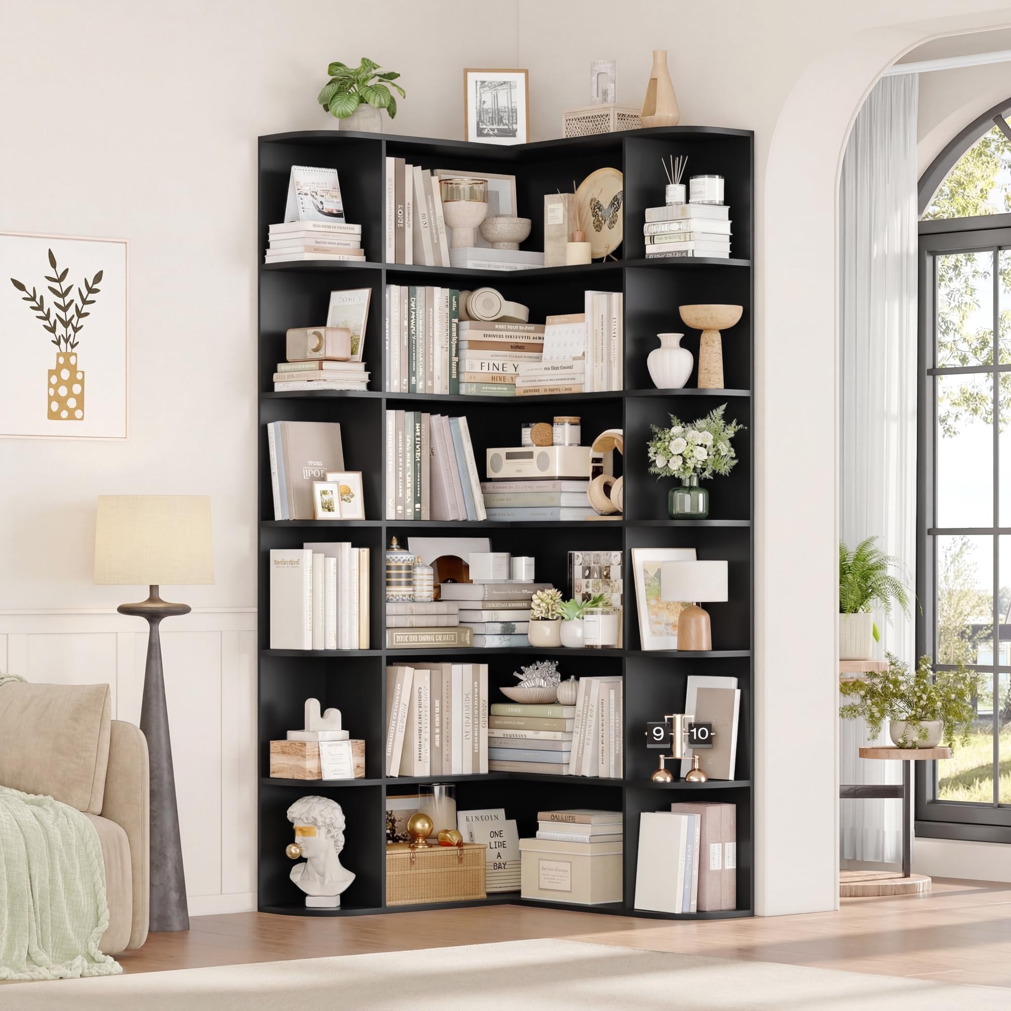 FirFurd 185 cm Eckregal Bücherregal Ecke Eckschrank mit 6 Ebenen schwarz | Eckbücherregal stehend, Bücherschrank L-förmig, Eckvitrine für Arbeitszimmer, Wohnzimmer, Bibliotheken, 80 x 84 x 185 cm