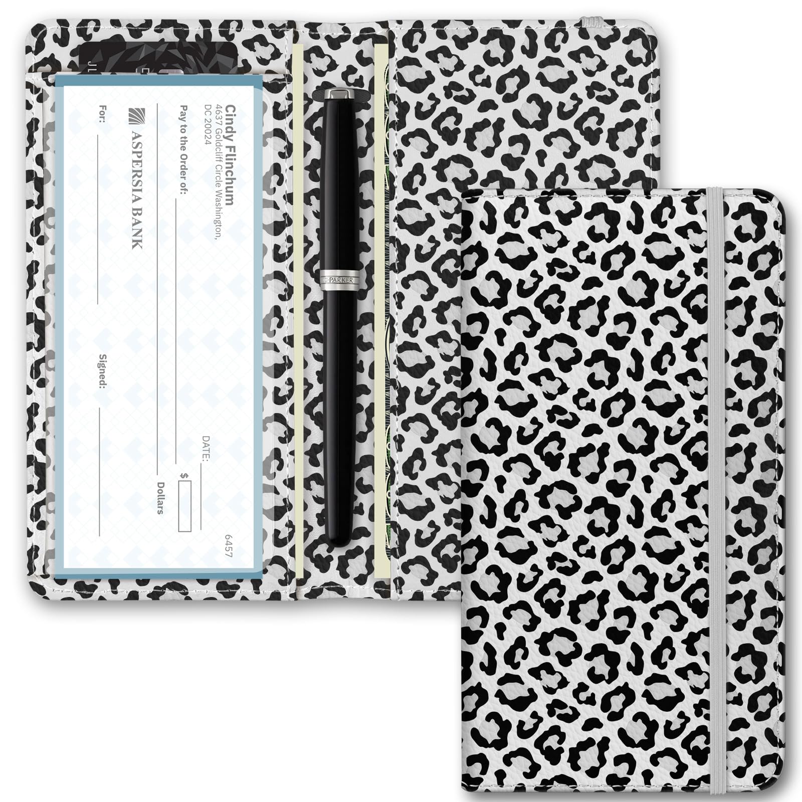 Checkbook Cover for Men Women, Premium Leather Checkbook Holder with RFID Blocking and Built in Clear Plastic Divider for Personal and Business Checks (Leopard-White)
