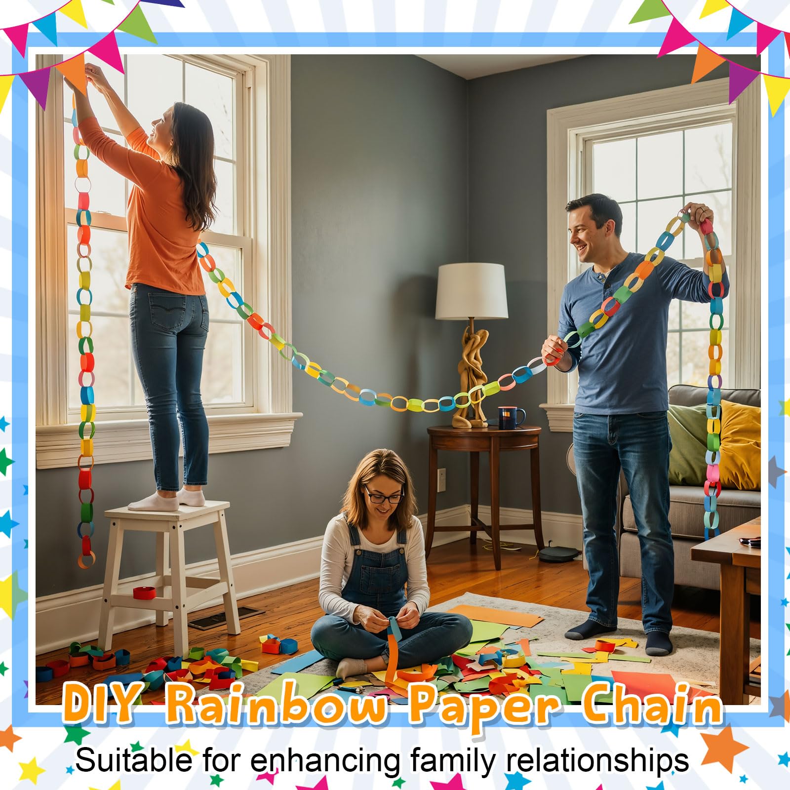 Maitys Papierkettenstreifen und Spiegelstern-Girlande, 3,5 m, Papier-Banner mit doppelseitigem Klebeband zum Basteln, Geburtstag, Hochzeit, Festival, Mottoparty, Dekoration, mehrfarbig, 8,9 x 30,8 cm