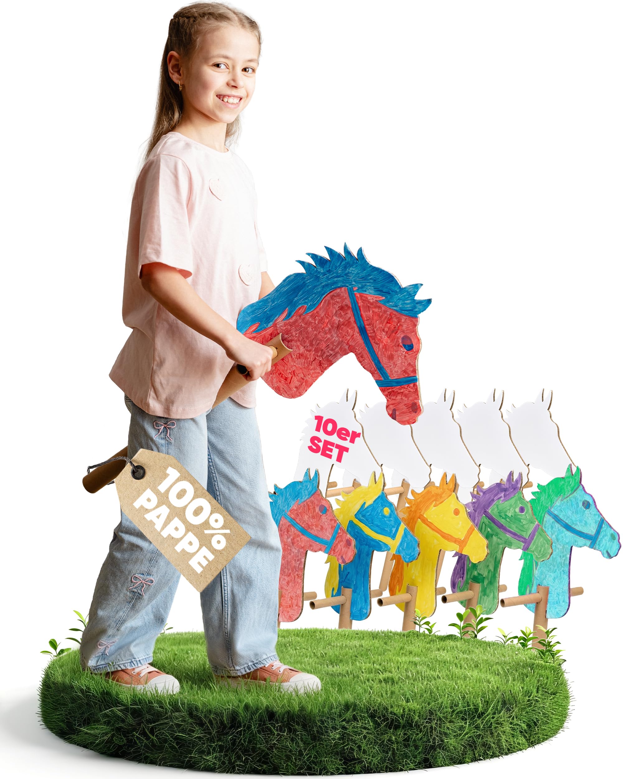 Steckenpferde Set aus Pappe | 10 Stück zum Bemalen und Spielen | Pferde Bastelset zum Zusammenstecken | Hobby Horsing für Kinder Party und Geburtstage | Ohne Kleben | Zubehör Kindergeburtstag