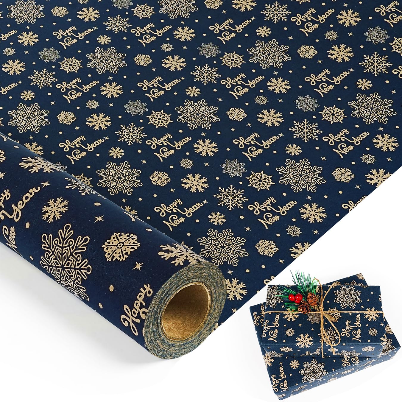 Christmas Wrapping Paper Roll, 43cm x 10m Recyclable Navy Blue Kraft Christmas Wrapping Paper Printed with Snowflake "HAPPY NEW YEAR" Design Gift Wrapping Paper for Xmas, New Year, Party Decorations
