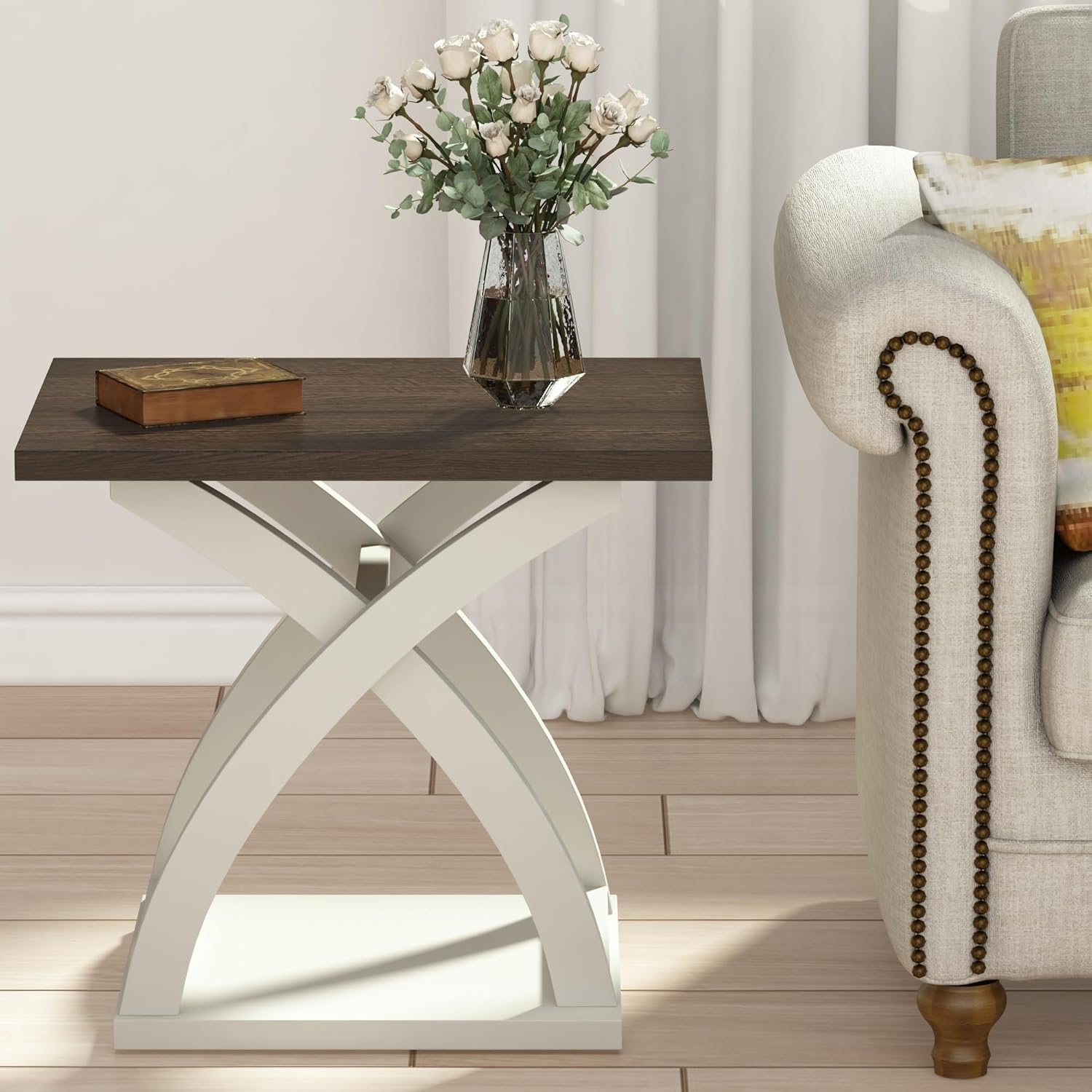 White and Brown MDF X-Design Modern End Table with Storage Shelf