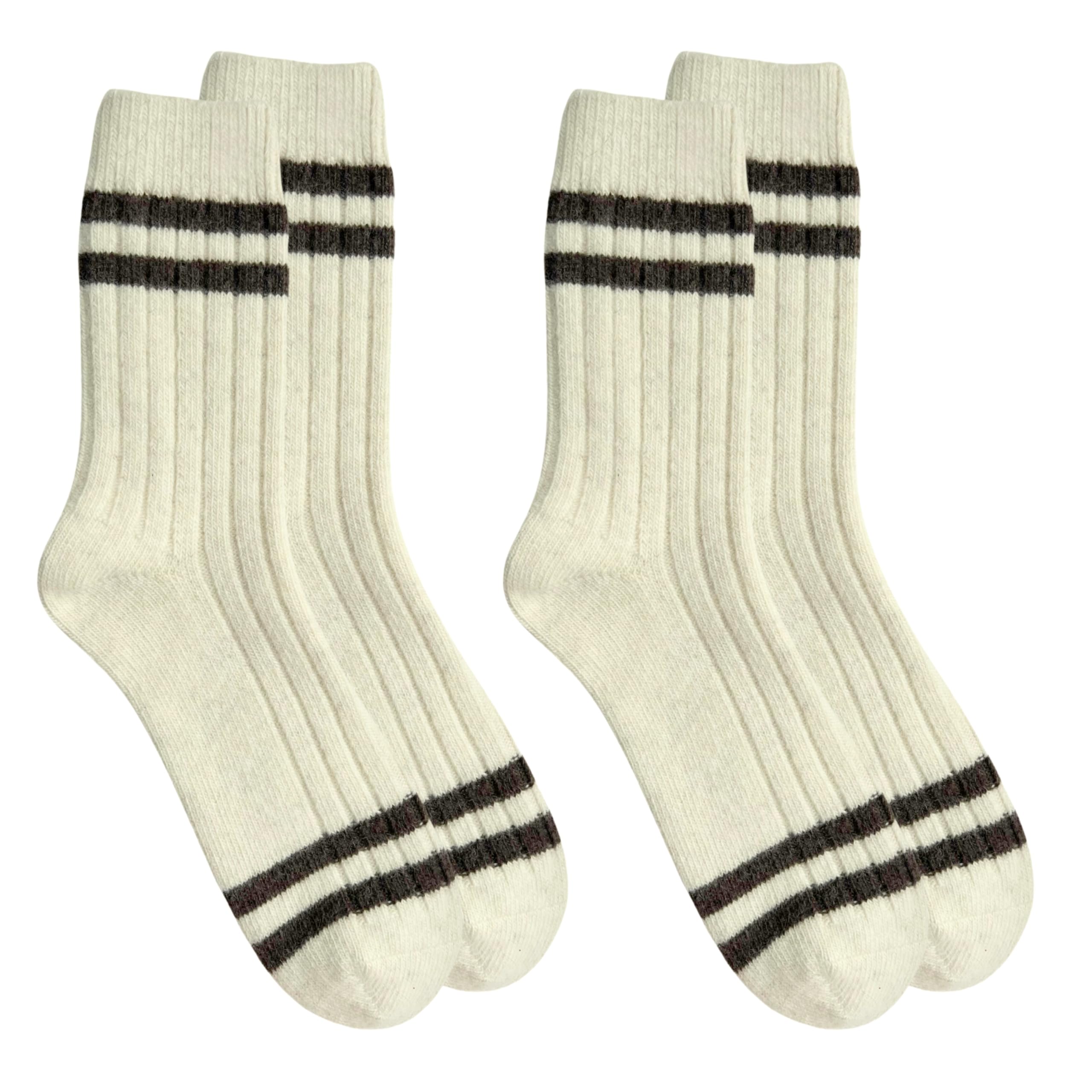 TOD OIMS 92% Merino Wool Socks Crew Heavyweight Travel Hiking Cozy Super- Soft Breathable Socks, Ivory and Brown Strips, Medium 7-10 US, 100% Made in Mongolia, 2 pairs