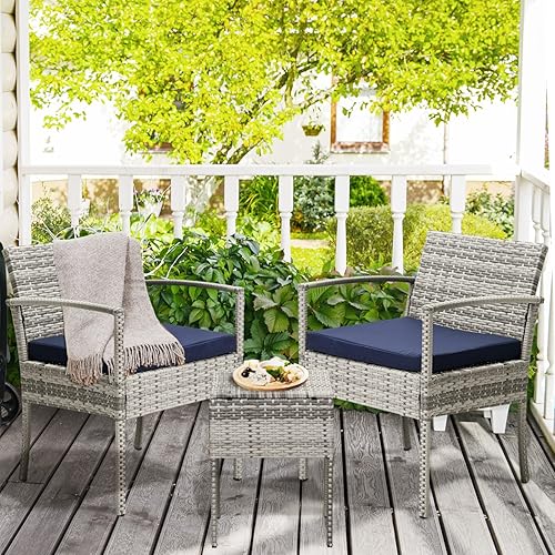 FHFO Juego de muebles de patio de 3 piezas, muebles de exterior, juego de muebles de patio al aire libre, mesa y sillas con cojines para jardín,