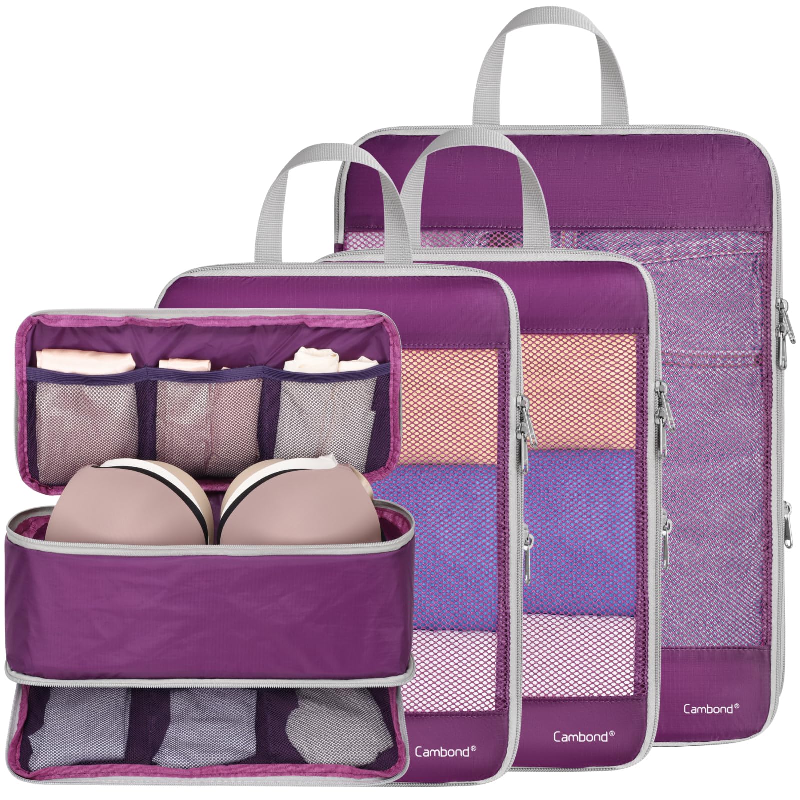 Cambond Compression Packing Cubes - 4 Set See Through Mesh Packing Cubes for Travel, Expandable Travel Essentials Packing Organizers for Carry on