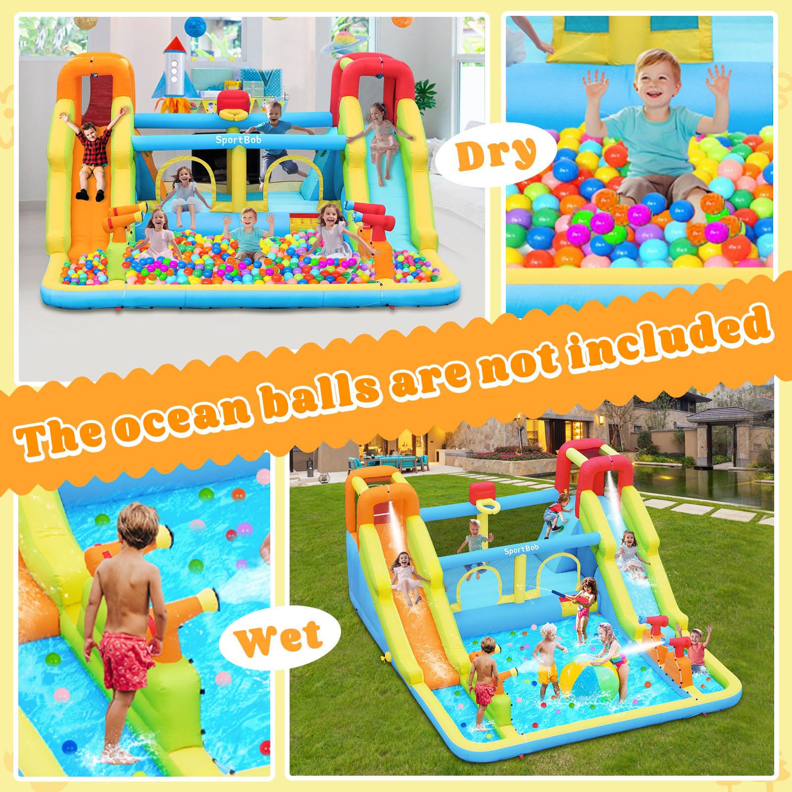 Castello Gonfiabile Grande con Acquatico Scivolo per Bambini, 452x416x210cm | con Piscina, 4 Cannoni Spruzzatori d'acqua, 2 Pareti Arrampicata, Trampolino, Canestro da Basket per Interno Giardino Esterno