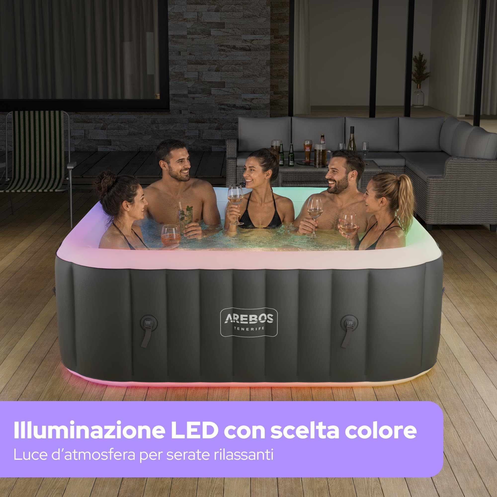 Arebos Vasca idromassaggio gonfiabile | 185x185cm | Gonfiabile automatico | 6 persone | striscia luminosa LED | 130 getti massaggianti | 910 litri | incl. copertura | Bubble Spa & Wellness Massaggio