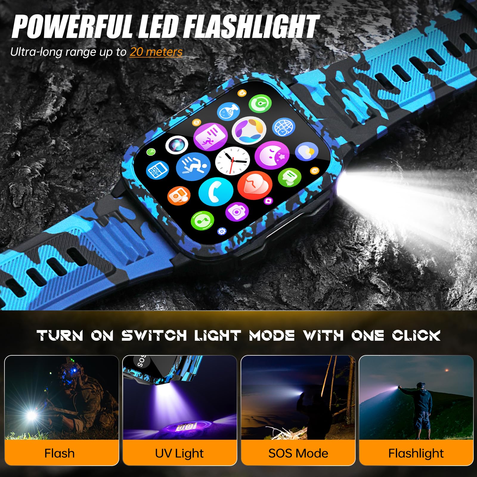 Montre intelligente militaire pour homme avec appel/lampe de poche LED/lumière UV 5 cm, grand écran 3 ATM, étanche, robuste, montre intelligente tactique avec moniteur de fréquence cardiaque, SPO2