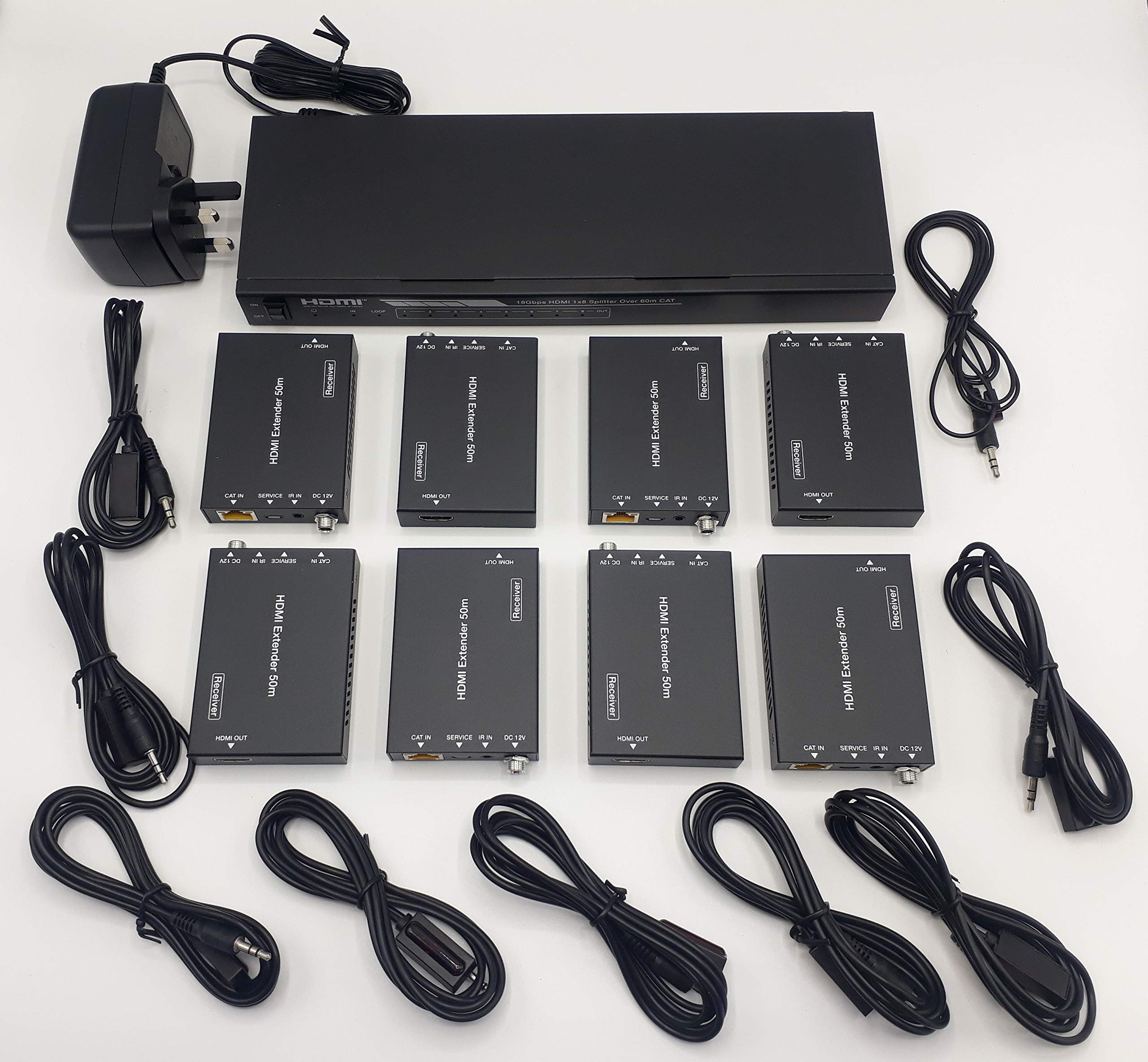 Répartiteur HDMI FOURKAY 1x8 sur Ethernet Cat6 avec 8 récepteurs PoC et Sortie en Boucle HDMI. Transmettez 4K60Hz jusqu'à 35 m ou 1080p à 60 m. Extraction Audio. Retour du Signal de contrôle IR