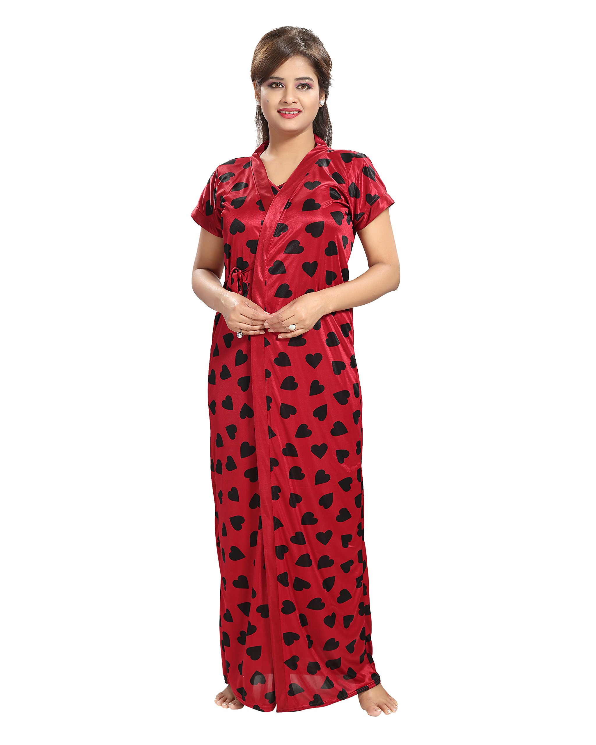fabme Women's Satin Heart Printed Gown and Robe-picture-28