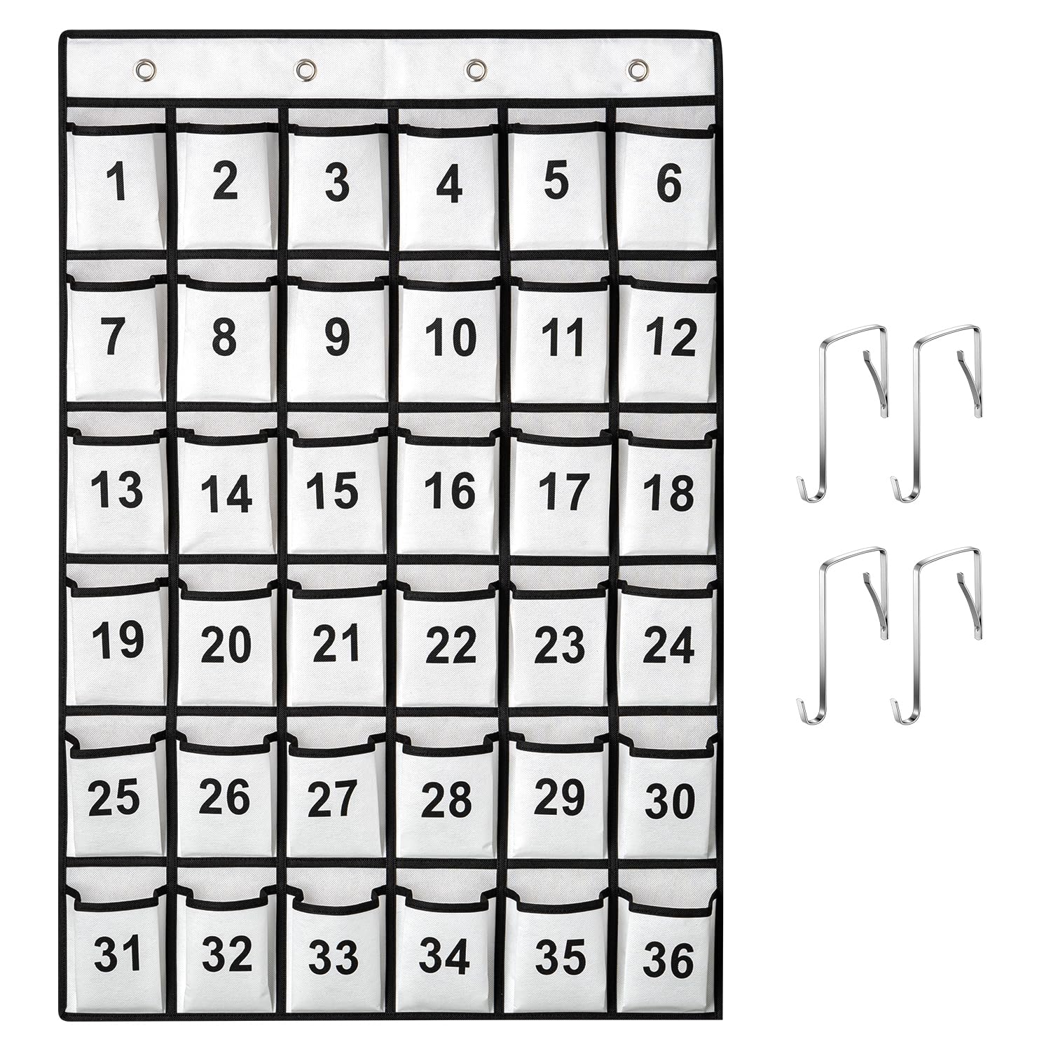 SAVERHO 36 Pockets Numbered Classroom Pocket Chart for Cell Phones, Hanging Pocket Chart Storage for Classroom Phone Calculator Holder with 4 Stainless Steel Hooks (White-36pockets)