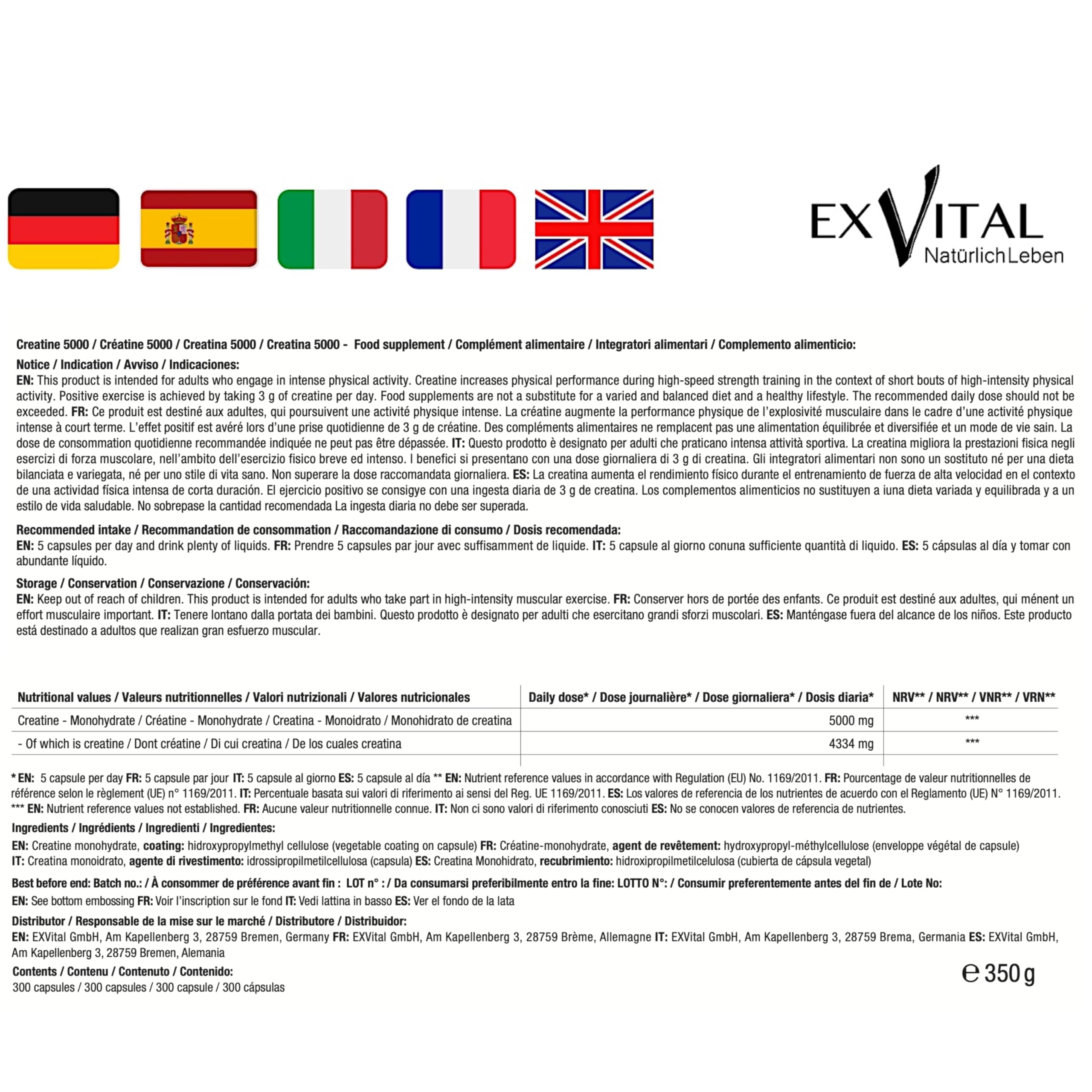 Créatine 5000 Mega Caps, 5000 mg de créatine monohydrate par dose journalière, 300 capsules véganes, 100% pure, Facteur Mesh 200, Végane et testée en laboratoire