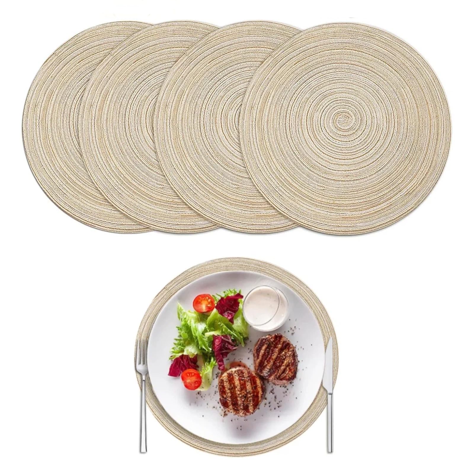 4Pack Round Braided Woven Place Mats, 30cm Washable Heat Resistant Non-slip Braided Table Mat Round Placemats for Kitchen, Home, Restaurant (Beige)