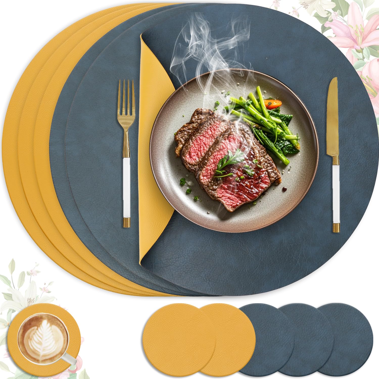 Heli MAIO Tischsets und Untersetzer 4er Set,Platzsets Abwaschbar und Doppelseitigen rutschfest Platzdeckchen,Tischset Leder Kunstleder,Platzdeckchen wasserdicht