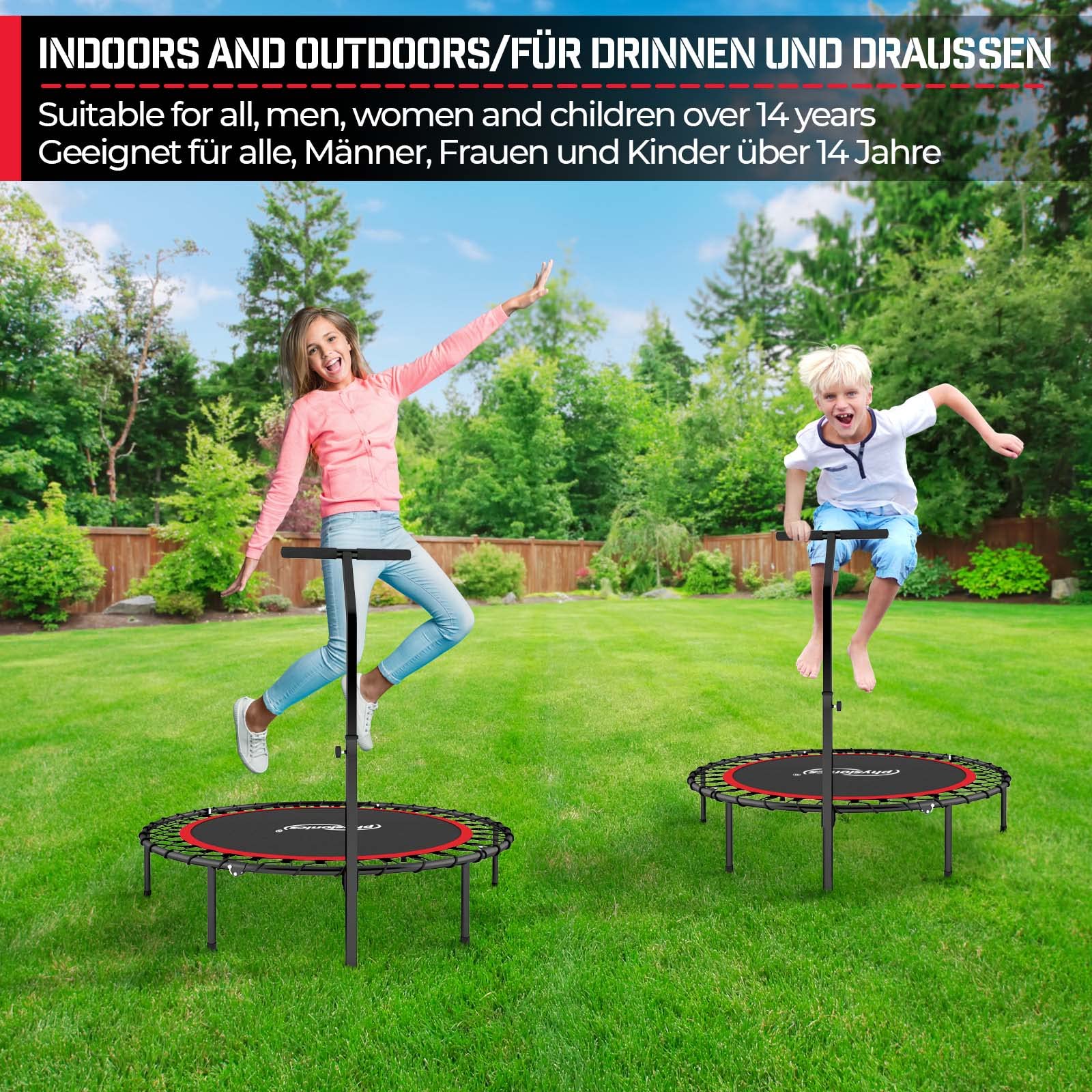 Physionics® Mini trampolino per fitness, pieghevole, manico regolabile in altezza, diametro 101 cm, fino a 120 kg, uso interno/esterno, colore a scelta, trampolino da palestra, aerobica per adulti e