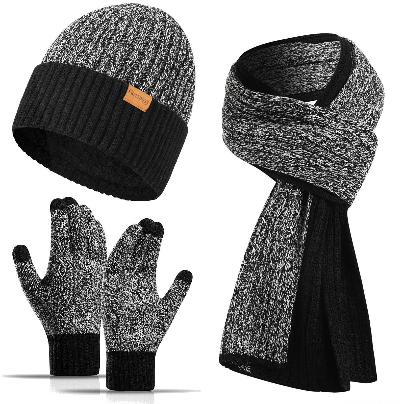 floconssyMen's Winter Hat Scarf Gloves Set, 3 PCS Warm Beanie Long Scarf Fleece Lined Touchscreen Gloves for Cold Weather