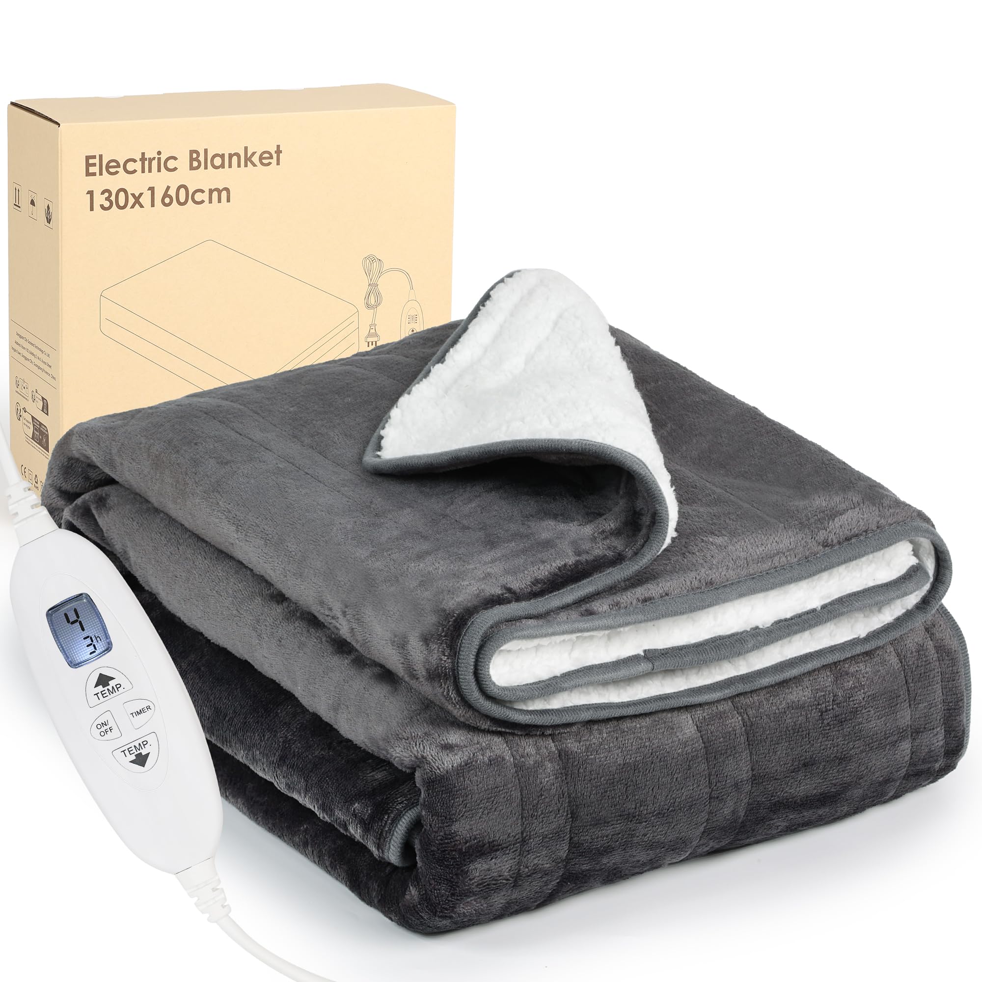 Electric Heated Blanket Throw,Electric Throw with 4 Heat Settings & 4 Hours Auto-Off Timer, LCD Display,Grey Heating Blanket Flannel Sherpa for Sofa and Bed,160 * 130CM