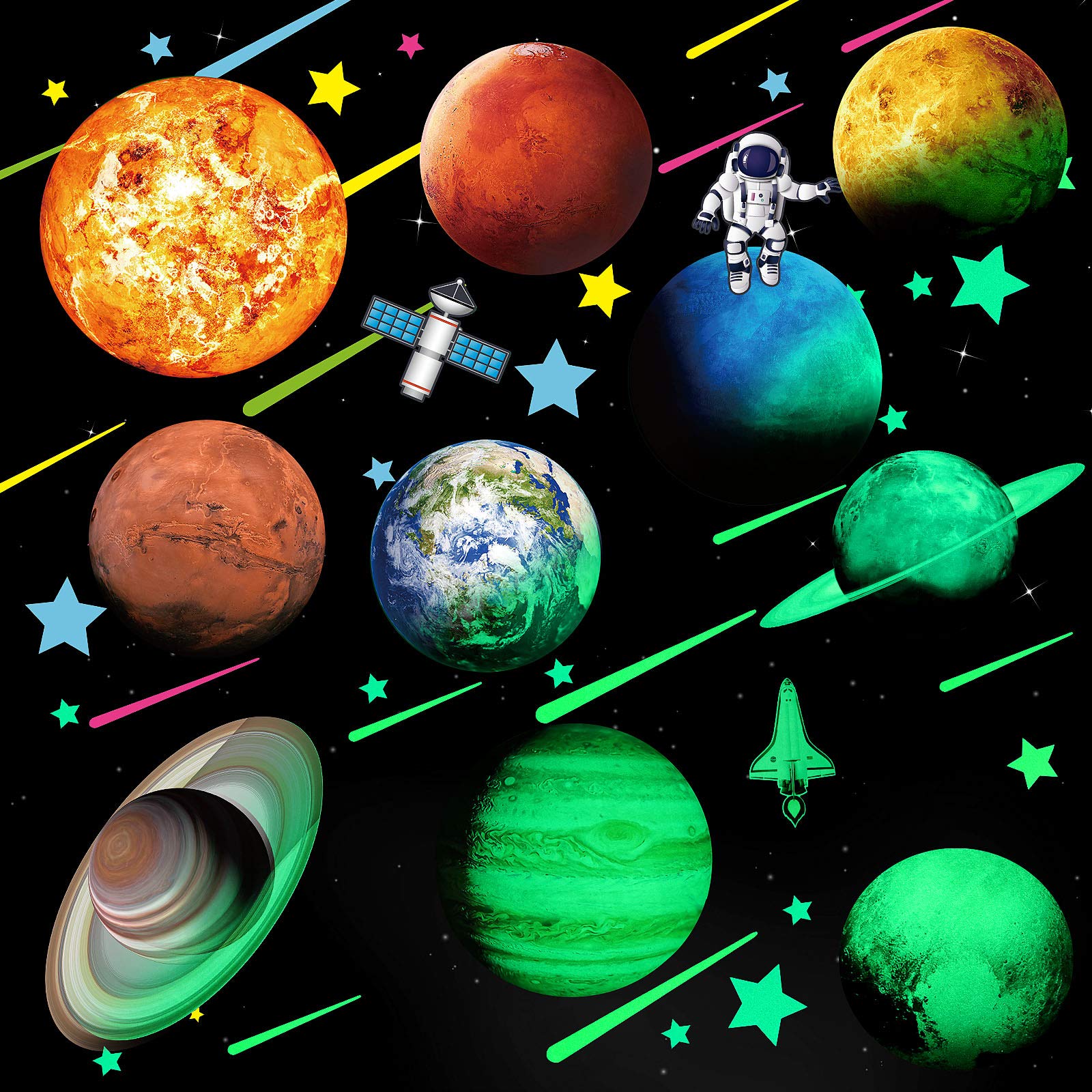 Glowing Stars and Planets, Bright Solar System Wall Stickers, Glow in The Dark Ceiling Decals Eight Planets Neptune Pluto Rocket Astronaut Moon Meteor Star Wall Decals for Bedroom Living Room