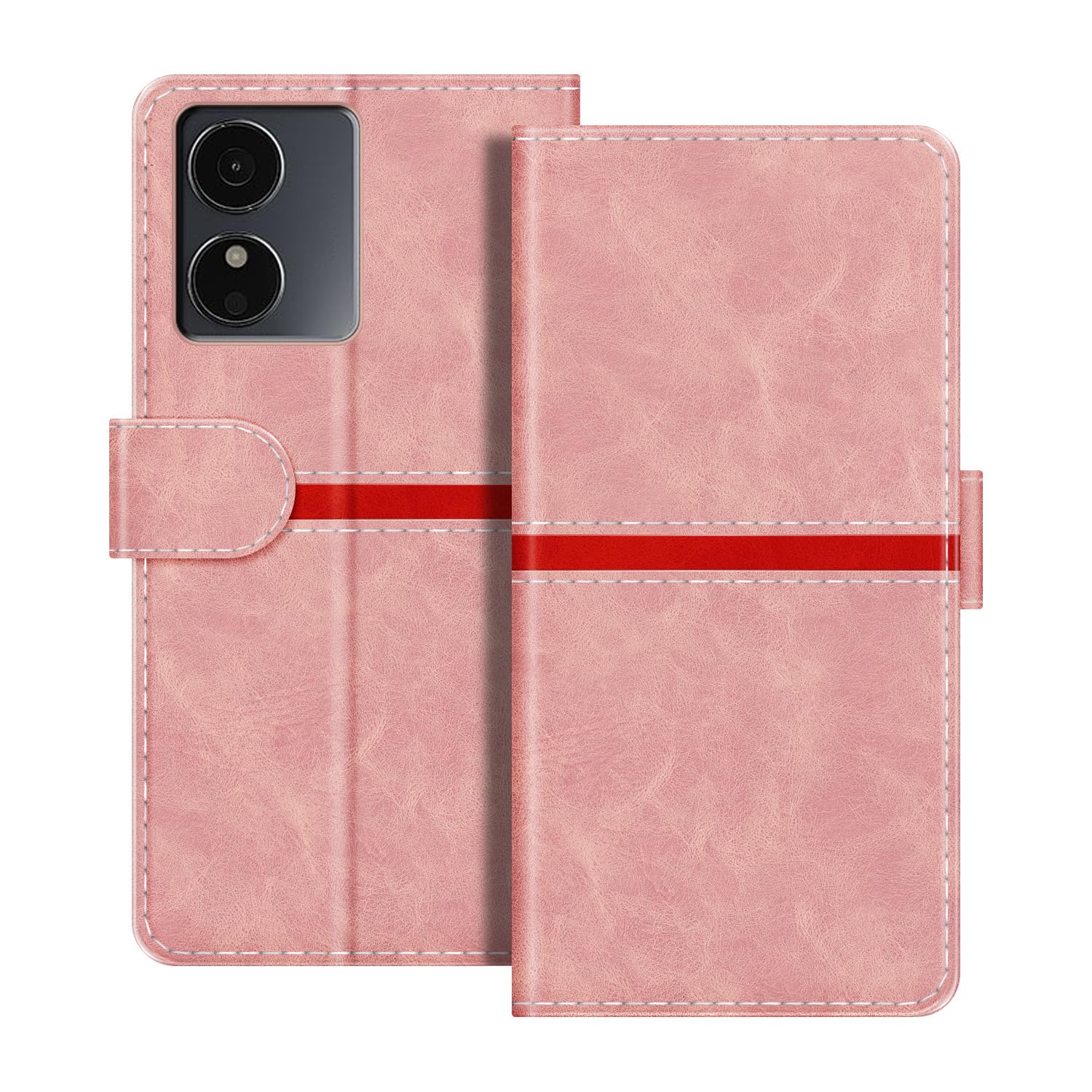 Leather Wallet Case Compatible with HMD Arc 4G Horizontal Contrast Stripe Design Protective Flip Cover with Card Slot Magnetic Closure (Pink)