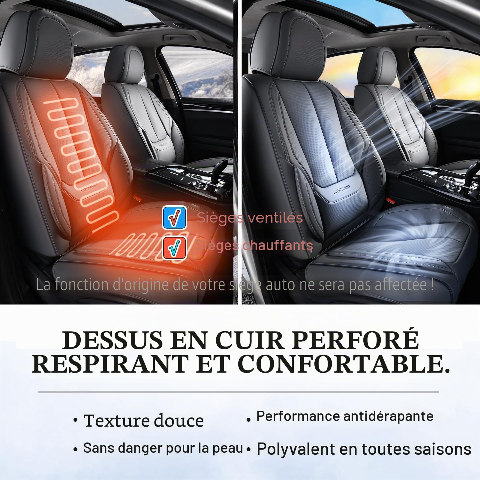 Coverado Housses de siège, Protecteurs de siège Auto en Cuir Nappa imperméables, Ajustement Universel pour la Plupart des camionnettes SUV berlines, Avant 2 pièces - Plein Noir