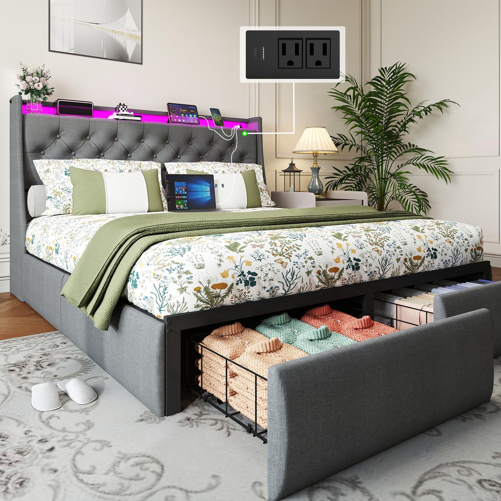 Queen Bed Frame with 2 Storage Drawers, Platform Bed Frame Queen Size with LED Light, Upholstered Headboard, Charging Station, Steel Slat Support, No Box Spring Needed, Noise-Free, Easy Assembly, Gray: Full Button Tuffed & 2 Drawers