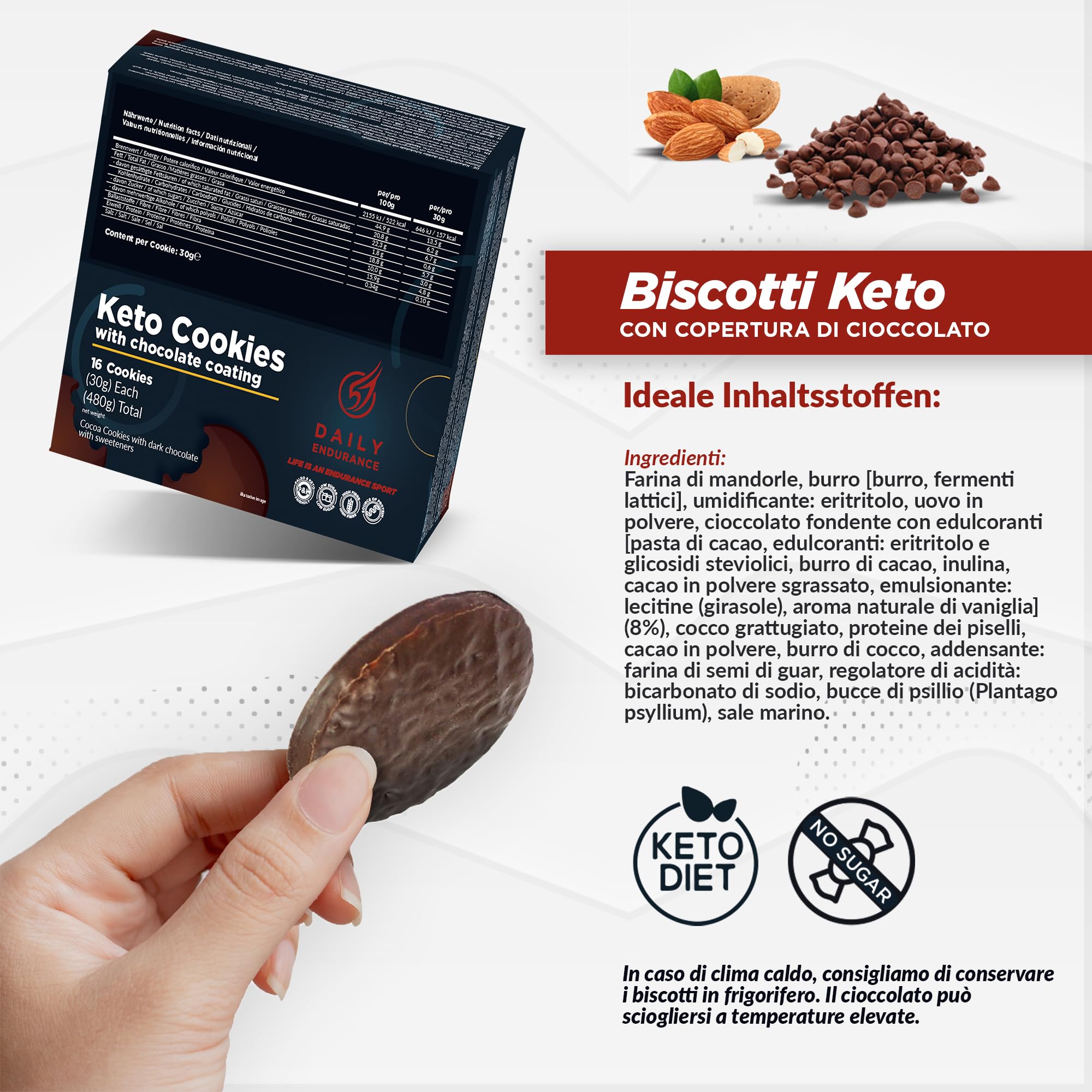 Keto Cookies Senza Zucchero - 16 Biscotti Keto - Rivestiti di Cioccolato - Snack Keto - Alimenti Ketogenici Low Carb & Paleo - 480g - Daily Endurance