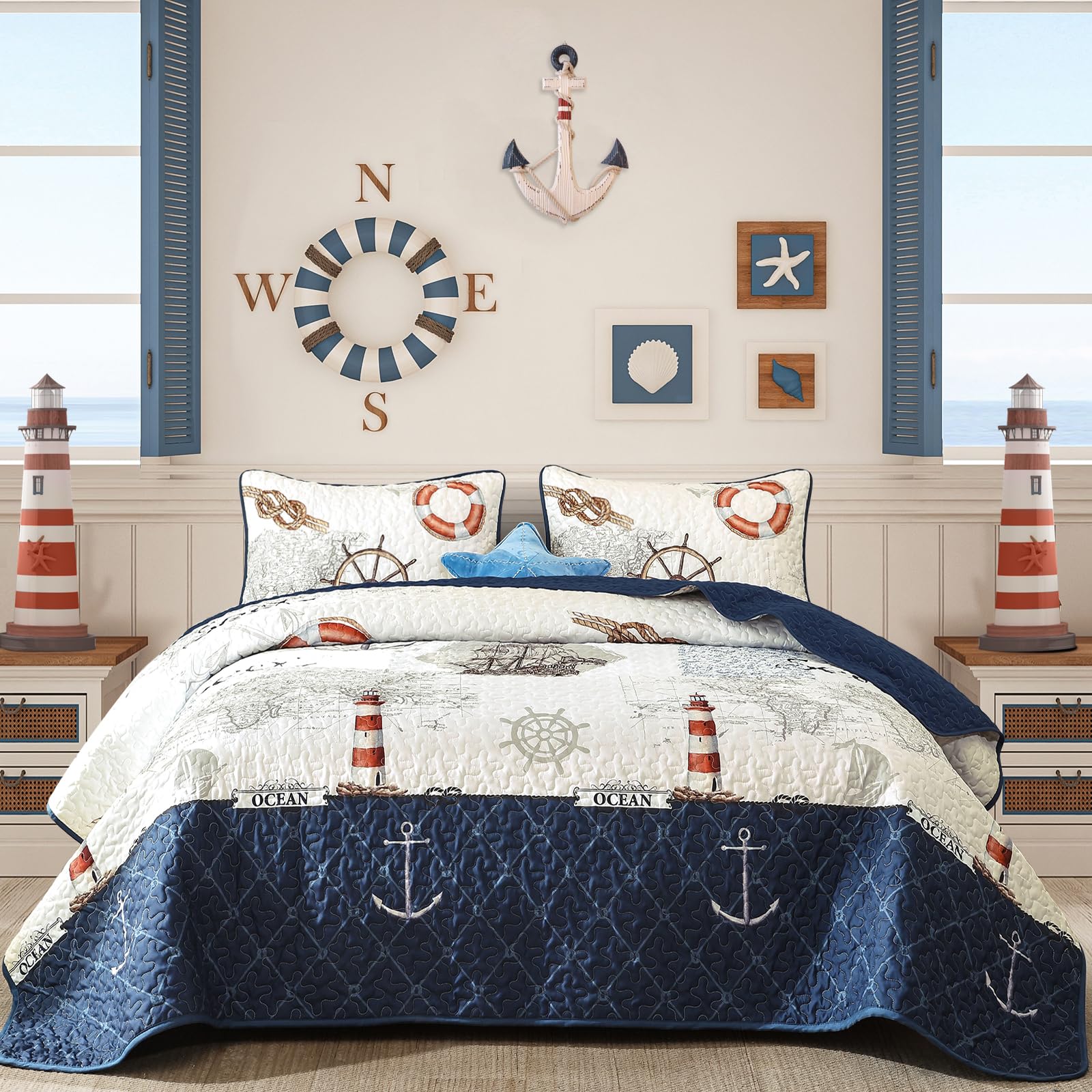 Djoymock Ocean Quilts Queen Size 3 Piece,Nautical Coastal Quilt Bedding Set with 2 Shams Soft Lightweight Beach Bedspread Coverlet Summer Reversible