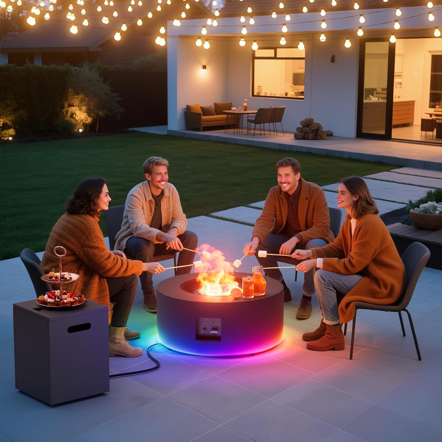 Dineli 2-Piece Outdoor Propane Fire Pit Table Set w Tank Table 30'' Round Fire Pit Table 2-in-1 Firepit Table for Outside Patio Gas Fire Pit w LED, 50,000 BTU, Dark Gray with RGB Light