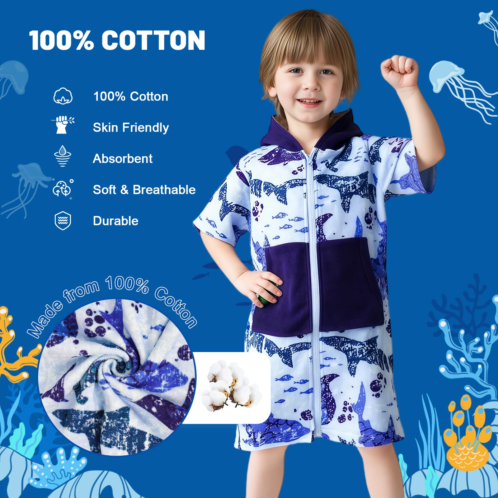 MOEMOE BABY Ręczniki z kapturem dla dzieci szlafrok kąpielowy ponczo zamek błyskawiczny ręcznik plażowy z kapturem 100% bawełniane ponczo ręczniki dla chłopców, S, niebieski rekin