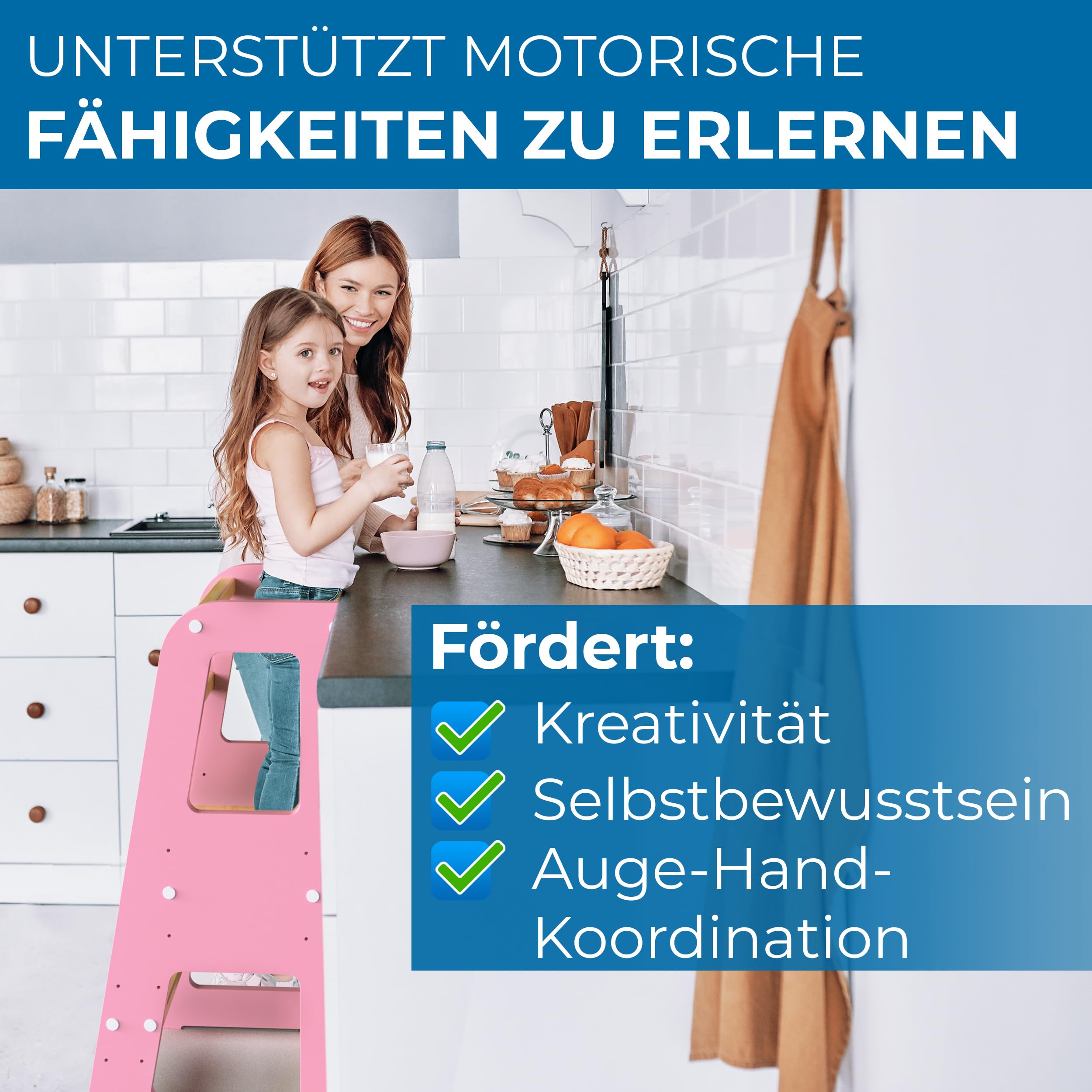 SCHWANFELD Torre de aprendizaje a partir de 1 año (protección antivuelco)- Incluye accesorios de montaje - Torre de aprendizaje Montessori de madera maciza FSC irrompible (hasta 50 kg de carga)
