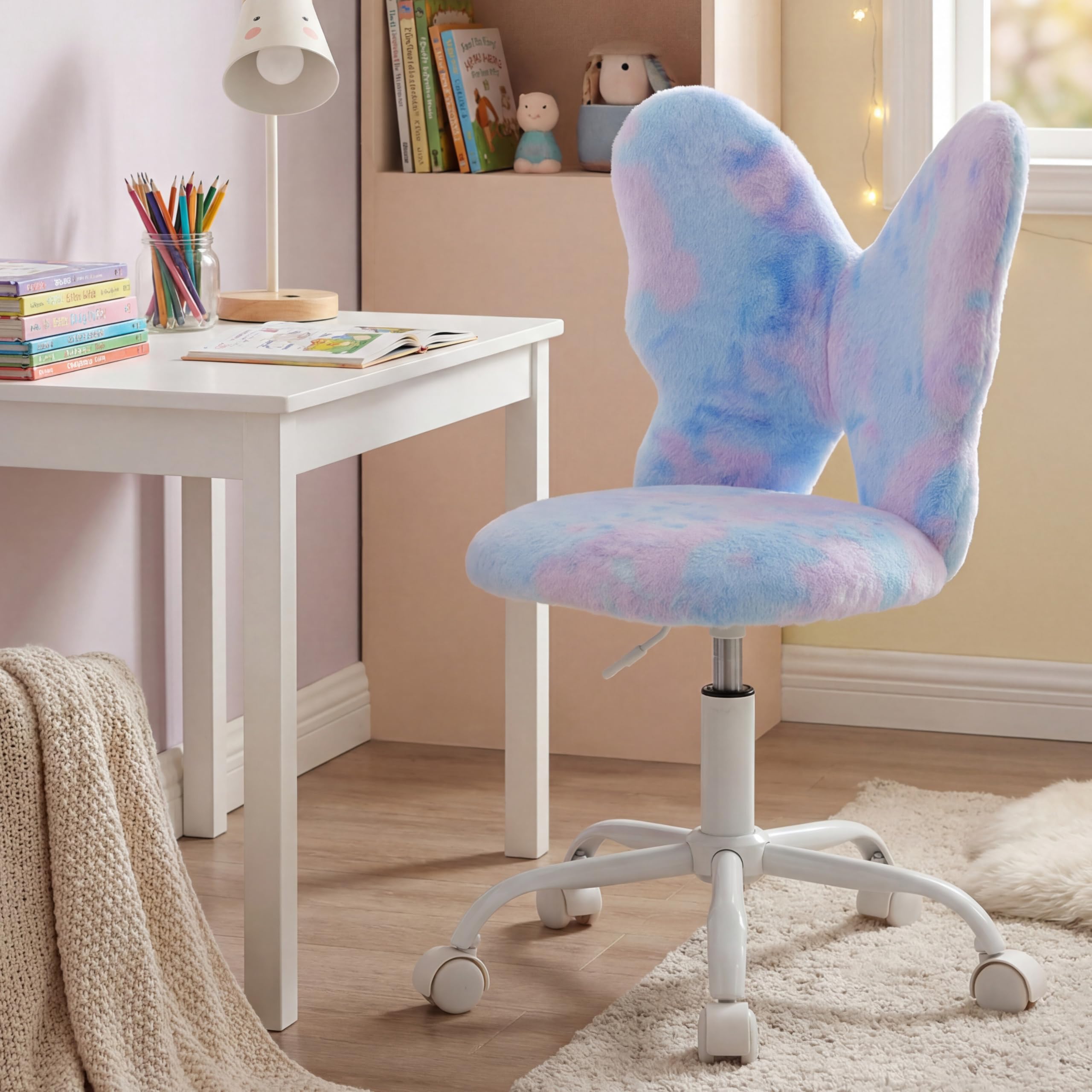 Butterfly Kids Desk & Chair - Adjustable, Swivel, Furry, Blue - Home, Bedroom, School, Dorm