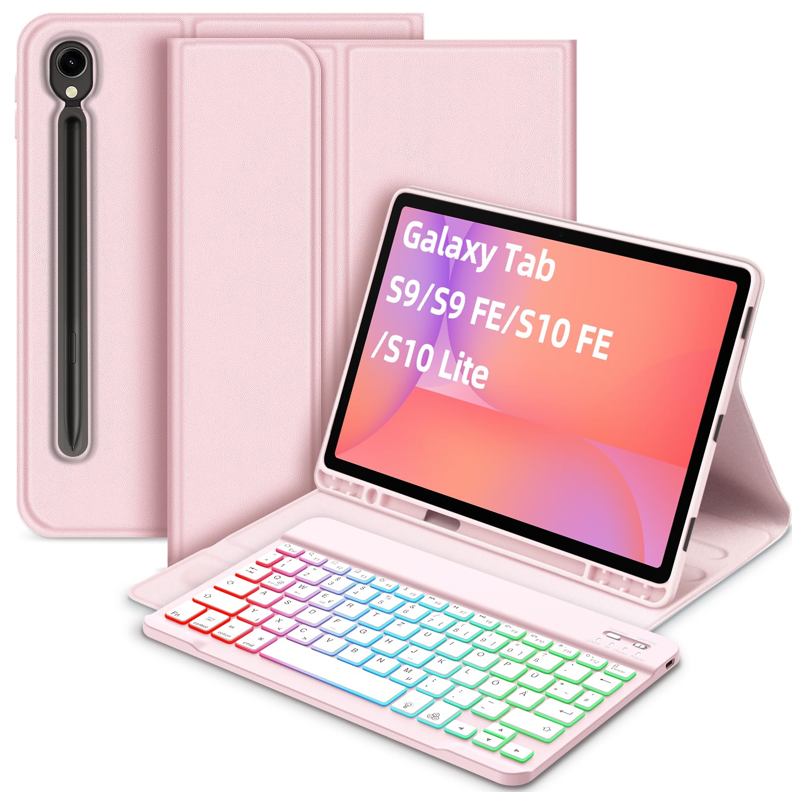Bettdow für Samsung Galaxy Tab S10 Lite/ S10 FE 10,9" 2025 Tastatur Hülle, QWERTZ Layout Abnehmbarer Beleuchtete Tastatur mit Hülle für Galaxy Tab S10 FE 10,9 Zoll/ S9 FE 10,9 Zoll/ S9 11 Zoll, Rosa