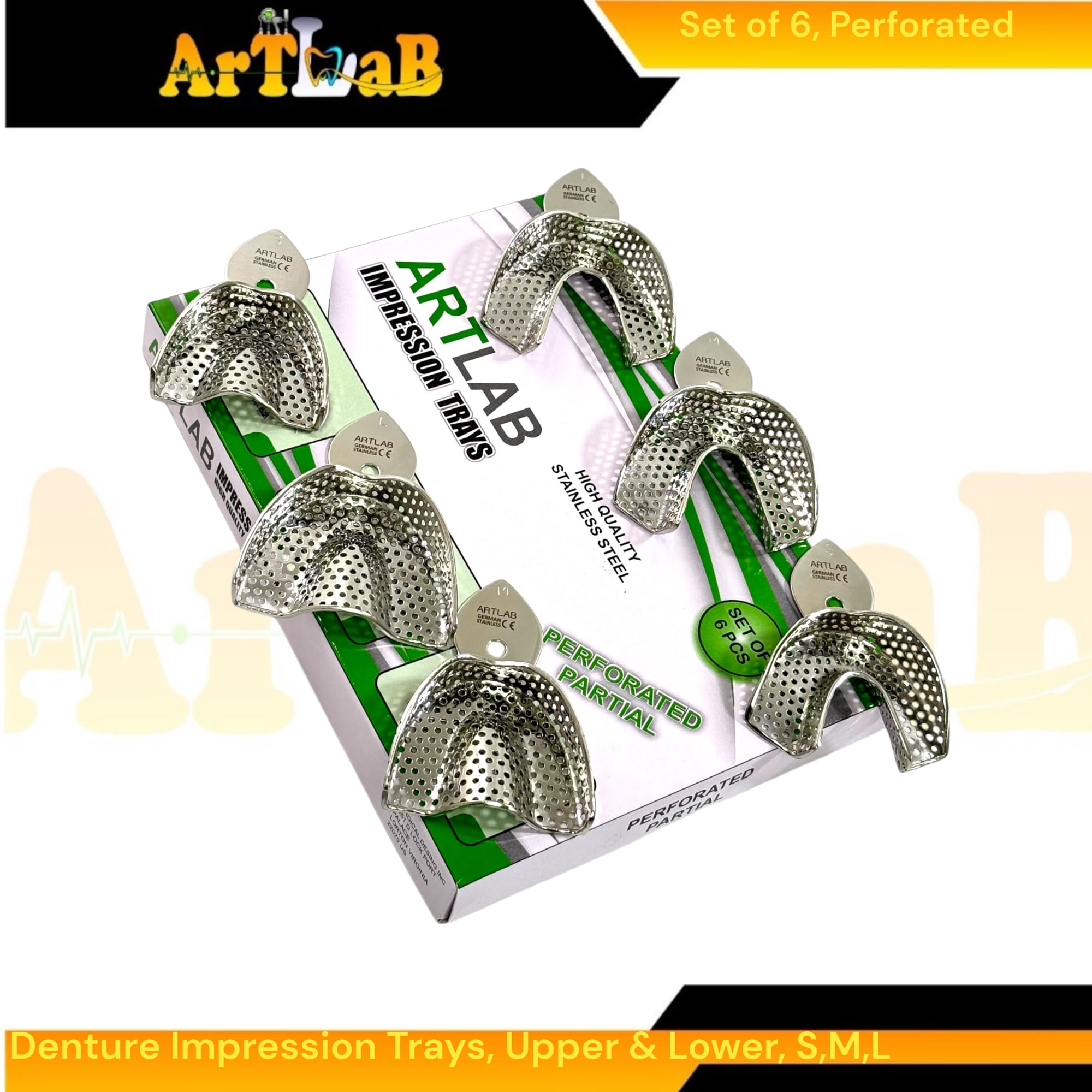 Stainless Steel Perforated Denture Impression Tray Set of 6pcs | Small, Medium, & Large |Autoclave Safe Dental Tools