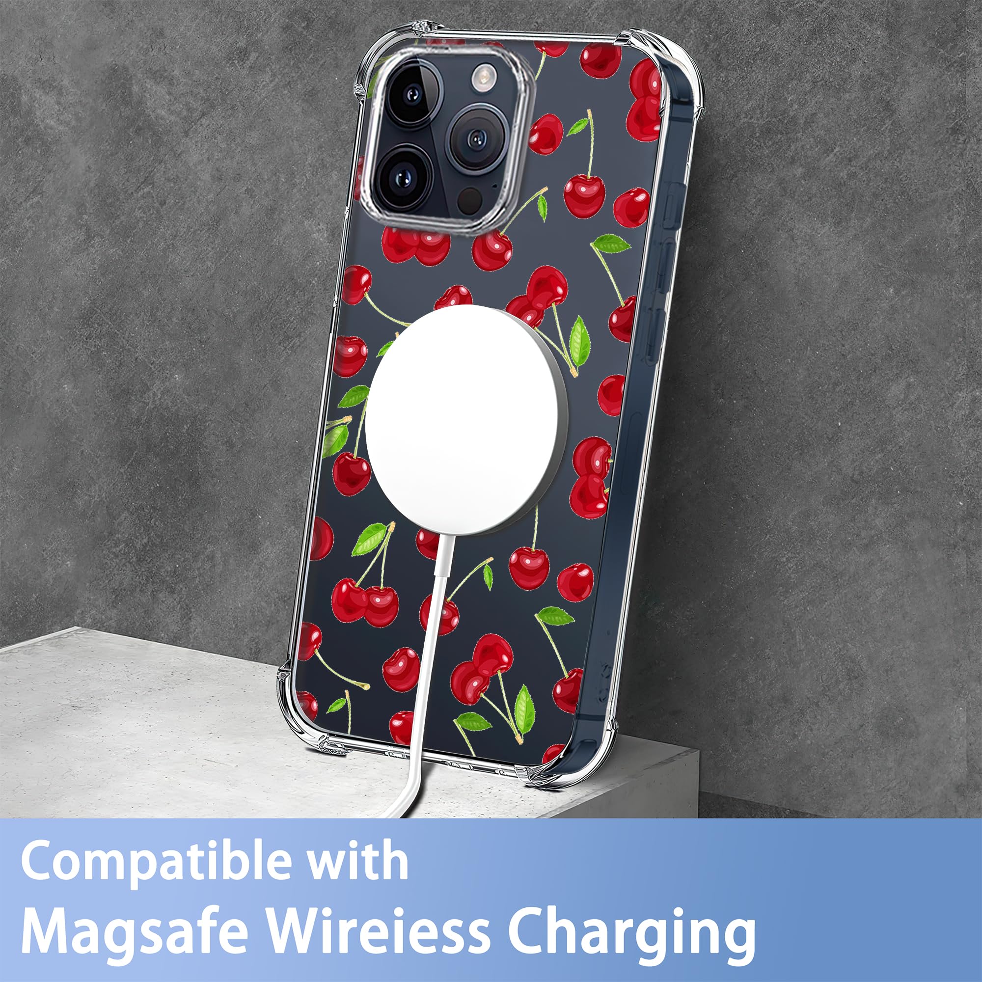 Compatible with iPhone 15 Pro Max Case,Clear with Cherry iPhone