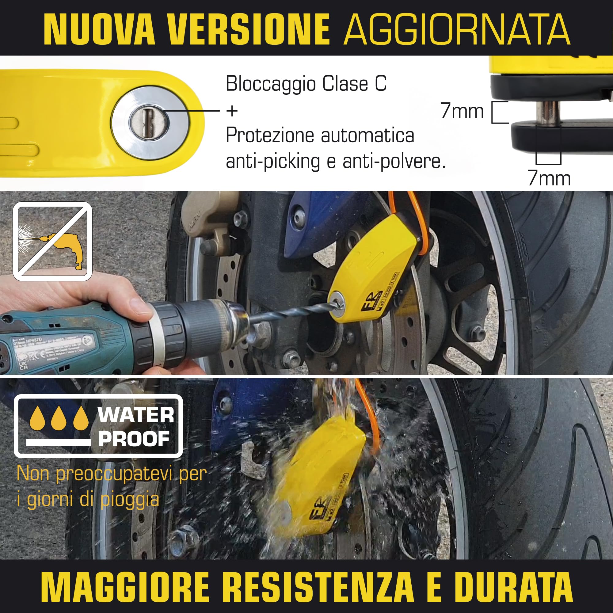 FR SECURITE FR7Y Bloccadisco Moto Antifurto con Allarme Sonoro 110dB, Lucchetto Moto Chiavi Alta Sicurezza, Blocca Disco Universale Bici Motorino Moped Motocross, Accessori Borsa, 1.5m Reminder