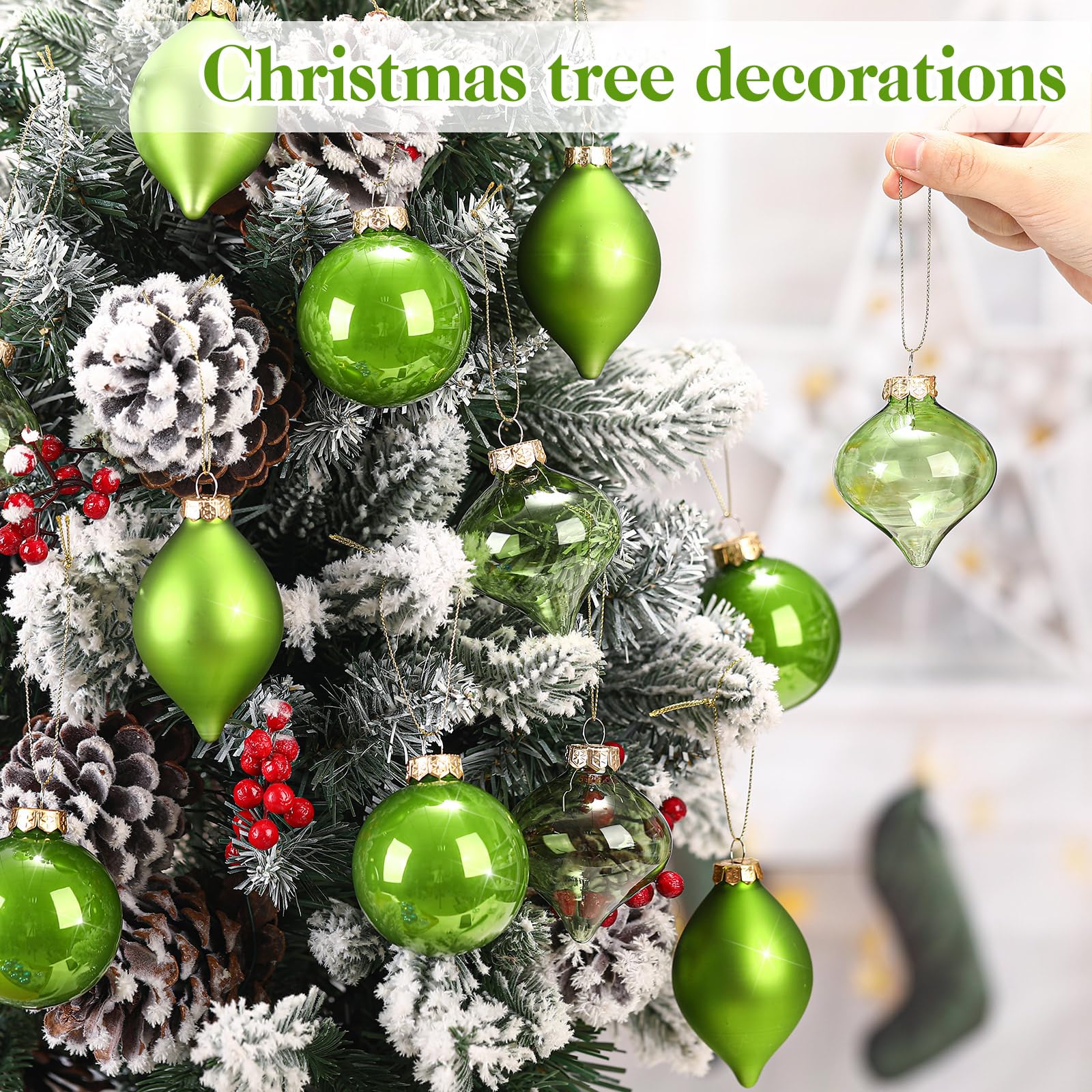 Zomiboo Lot de 12 boules de Noël en verre vert citron 8 cm | 3 styles d'ampoules en verre incassables à suspendre, ampoules légères en verre, pour décorations d'arbre de Noël, cadeaux